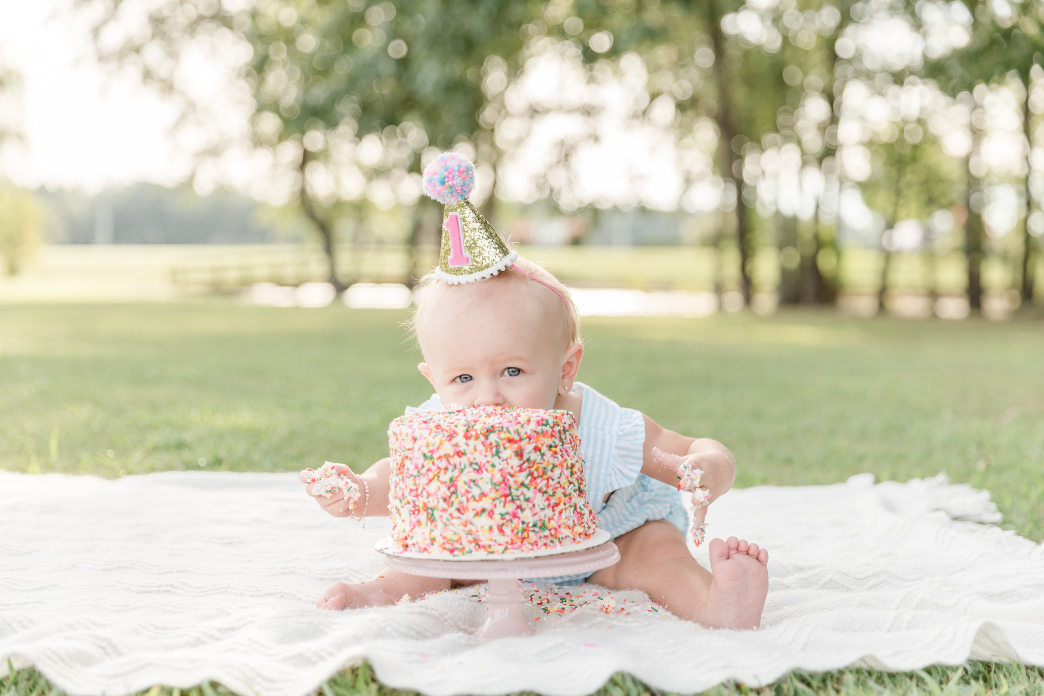 One year old eating cake covered in sprinkles for first birthday photos by photographer in Greenville SC