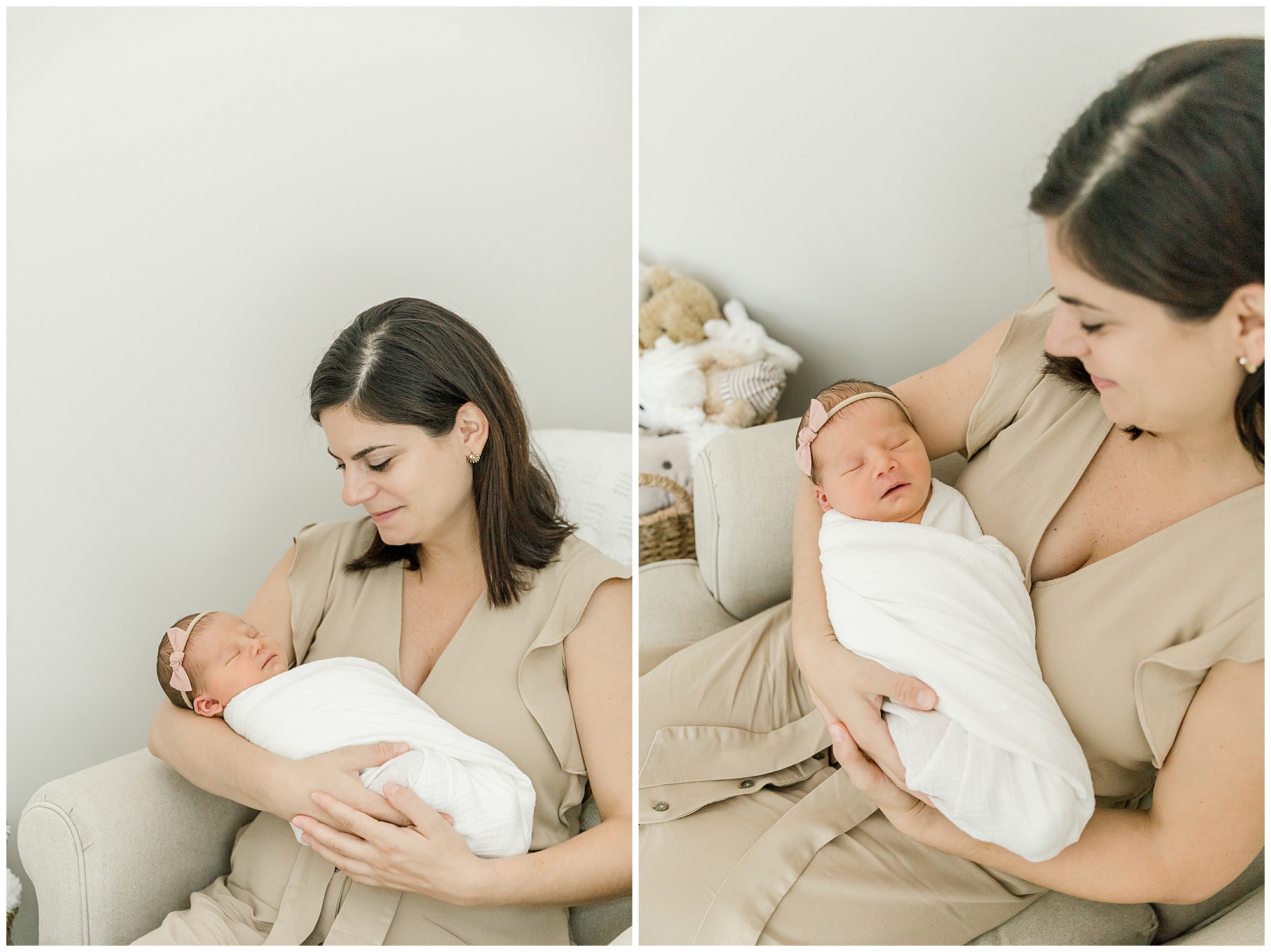 Mother holding her newborn baby girl wrapped in a white blanket by Greenville SC photographer Molly Hensley.