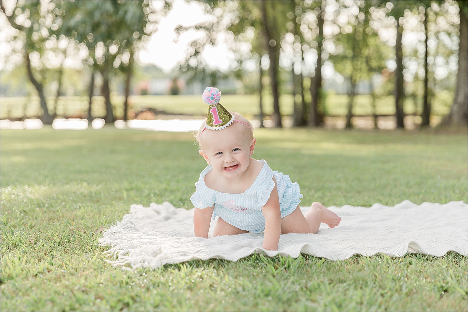 First birthday portrait of baby girl by photographer in Greenville SC