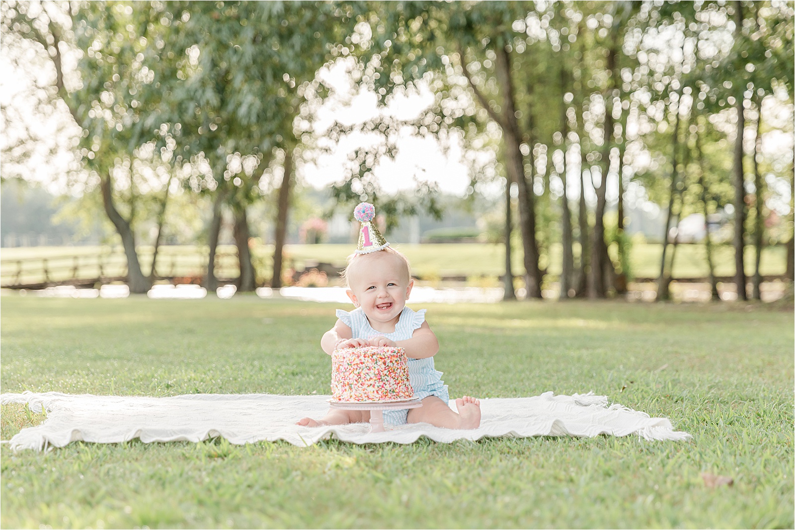 Baby girl with 1 party hat and sprinkle birthday cake sitting on blanket in grass
