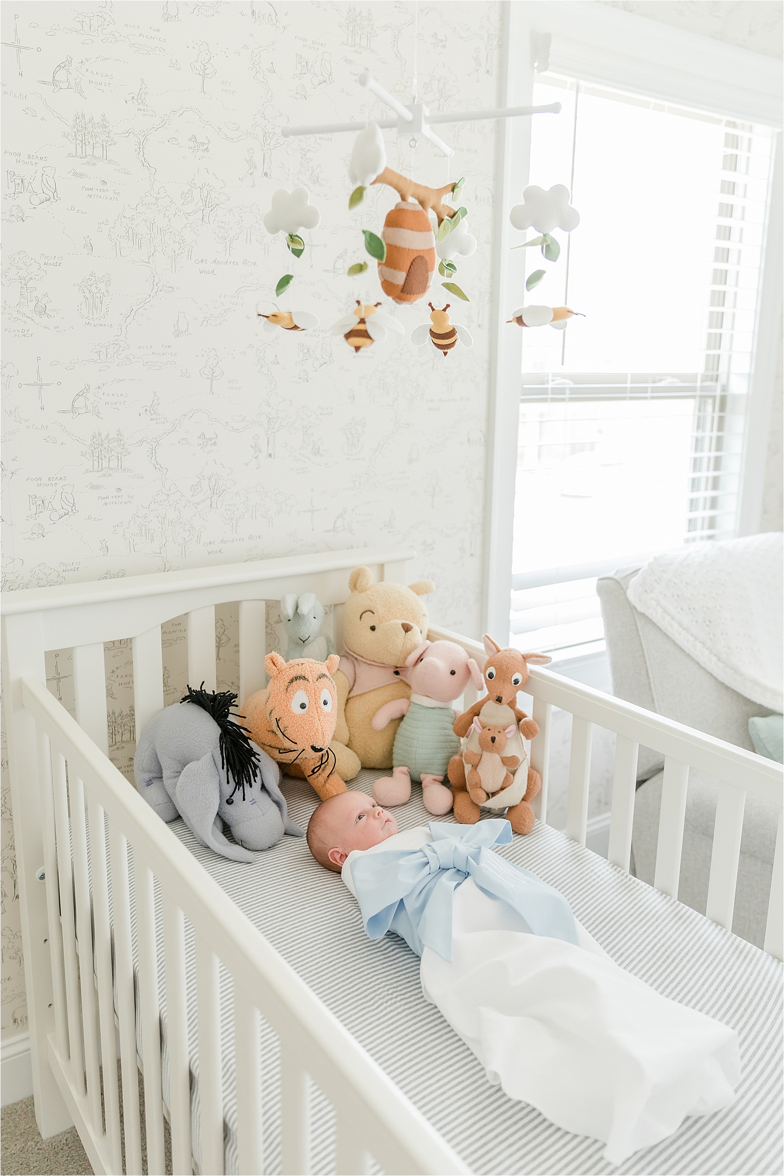 Newborn baby in crib below a honey bee mobile with vintage Winnie the Pooh stuffed animals