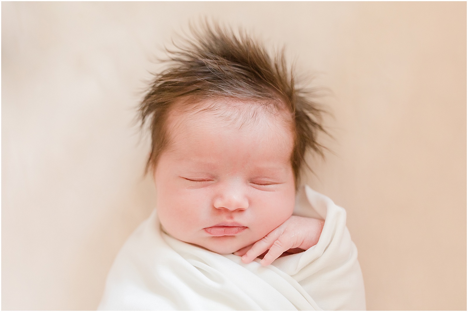 Portrait of a newborn baby girl with thick dark hair sticking up by Greenville photographer Molly Hensley
