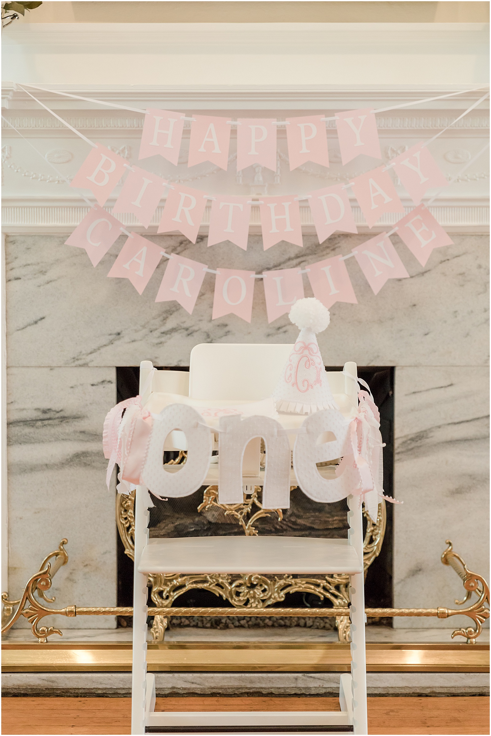 Greenville first birthday photos, Little Happies birthday banner, pink and white birthday party