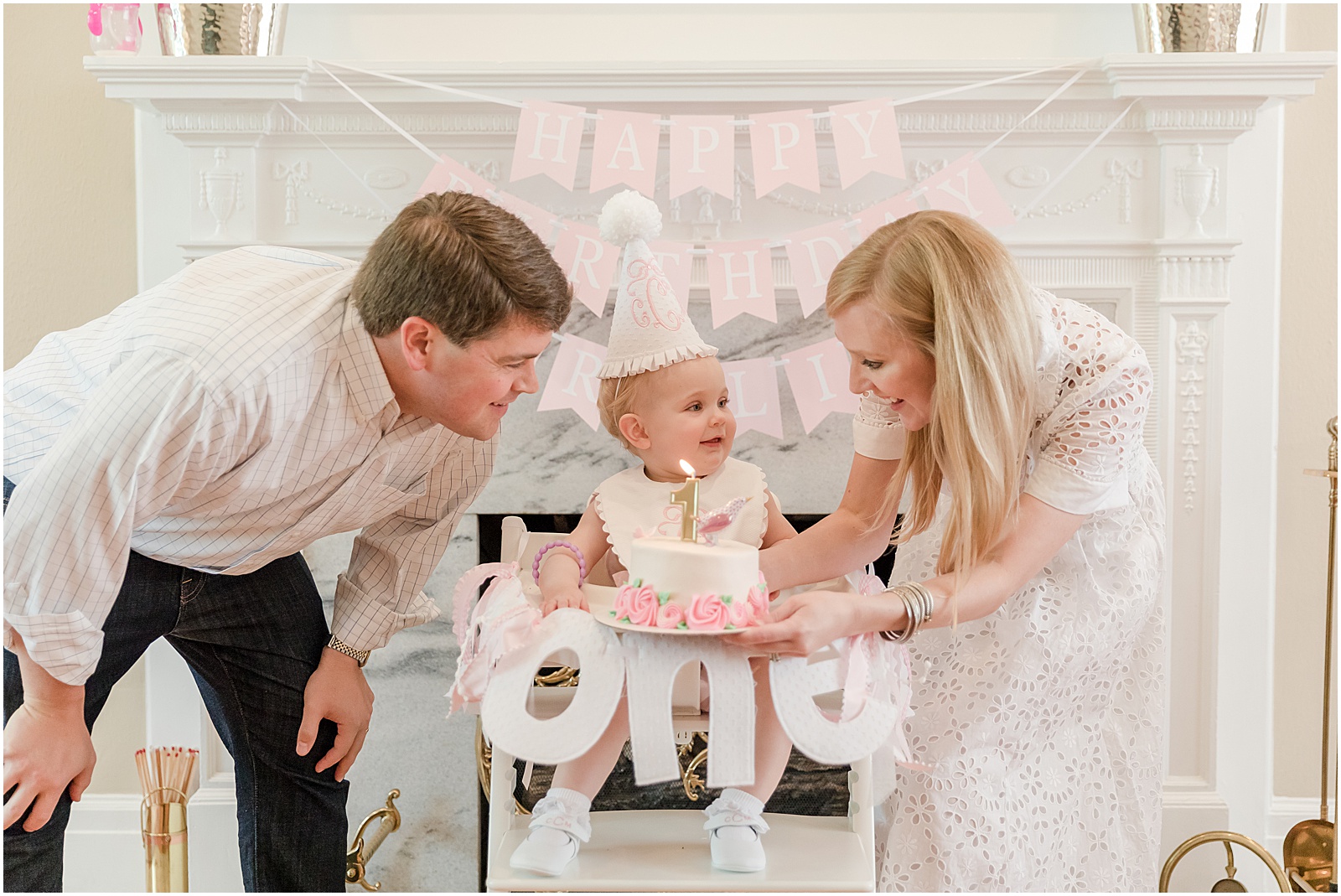 Greenville, first birthday photos, Little Happies birthday banner, pink and white birthday party