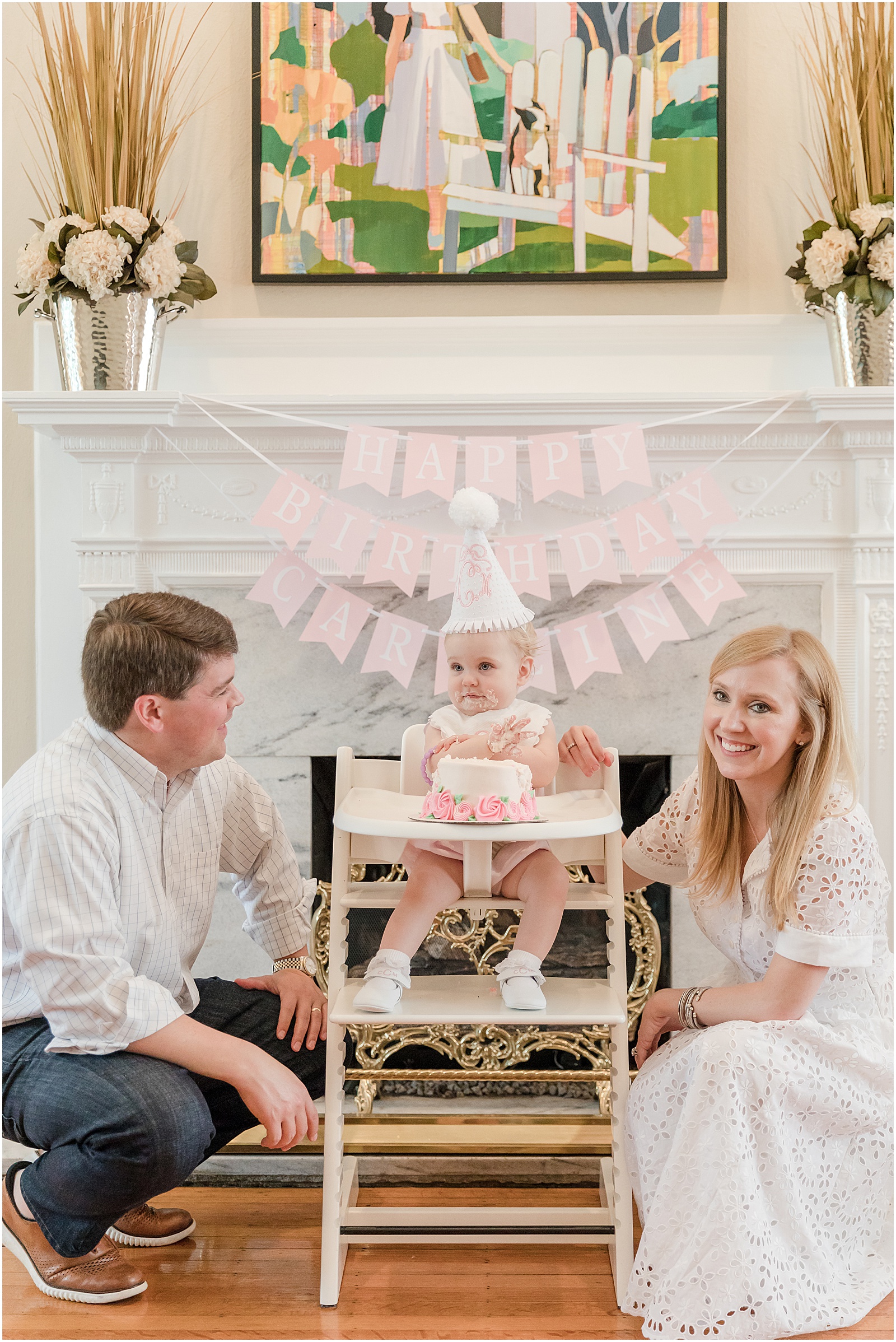 cumming georgia photography, cumming photographer, first birthday party, first birthday photos, Little Happies birthday banner, pink and white birthday party