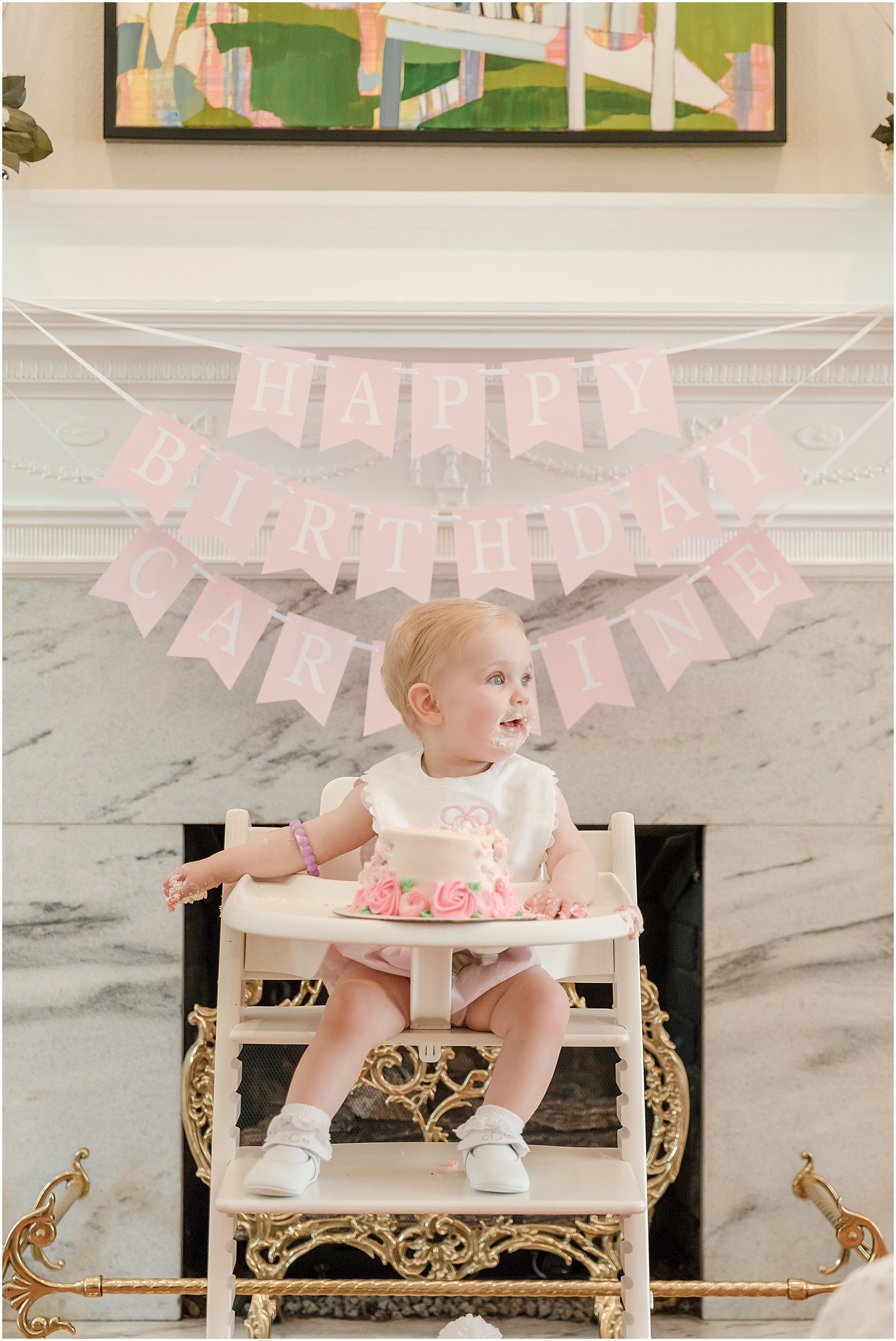 Greenville first birthday photos, Little Happies birthday banner, pink and white birthday party