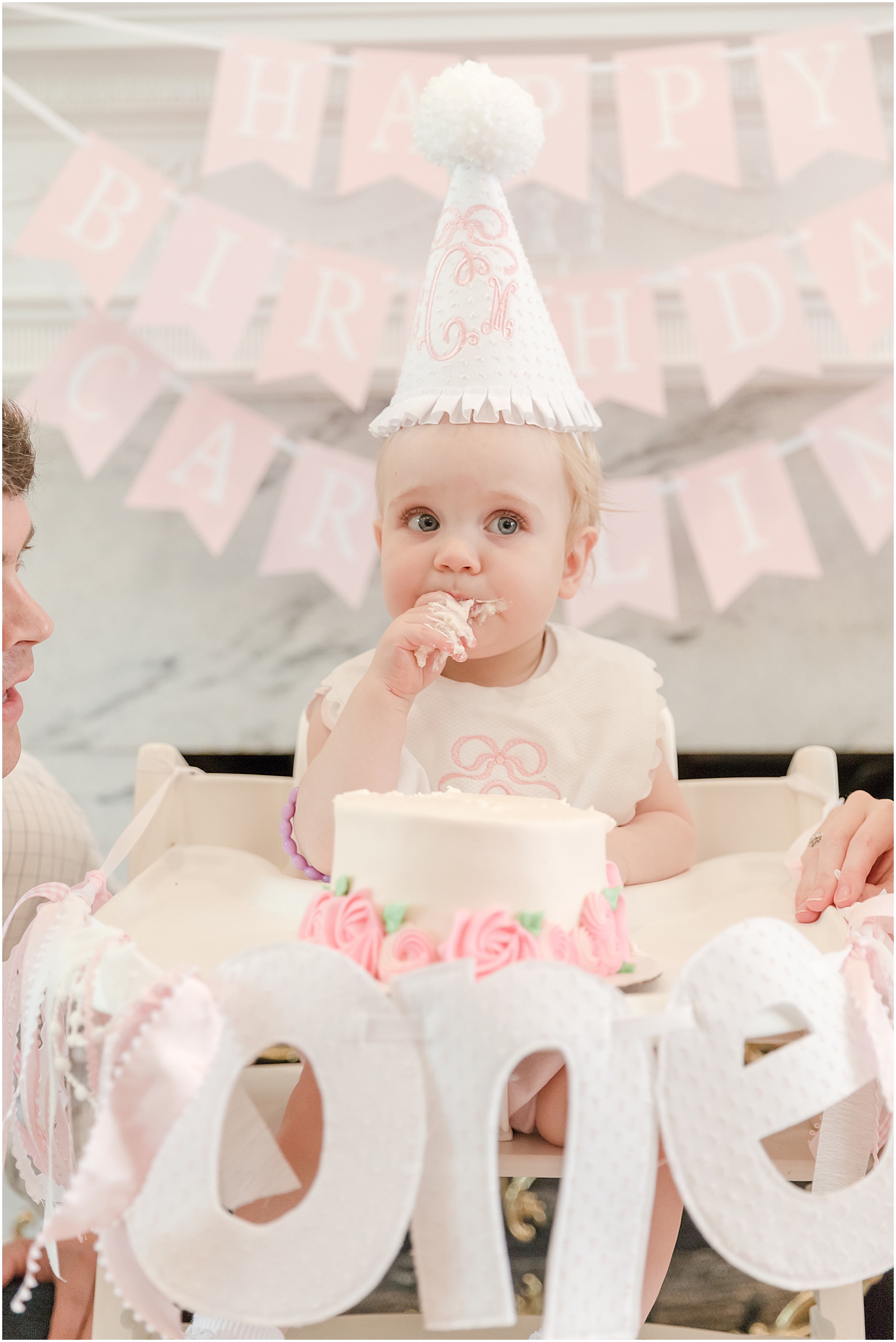 Greenville family photographer Little Happies birthday banner, pink and white birthday party