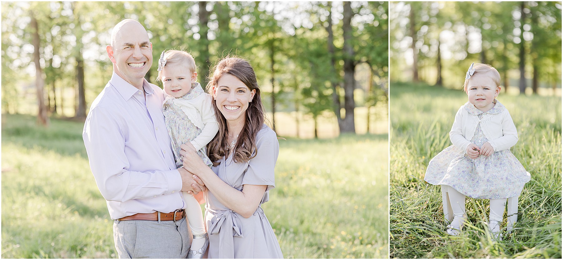 Family Portraits of Mother and Father with their toddler daughter in a grassy field.