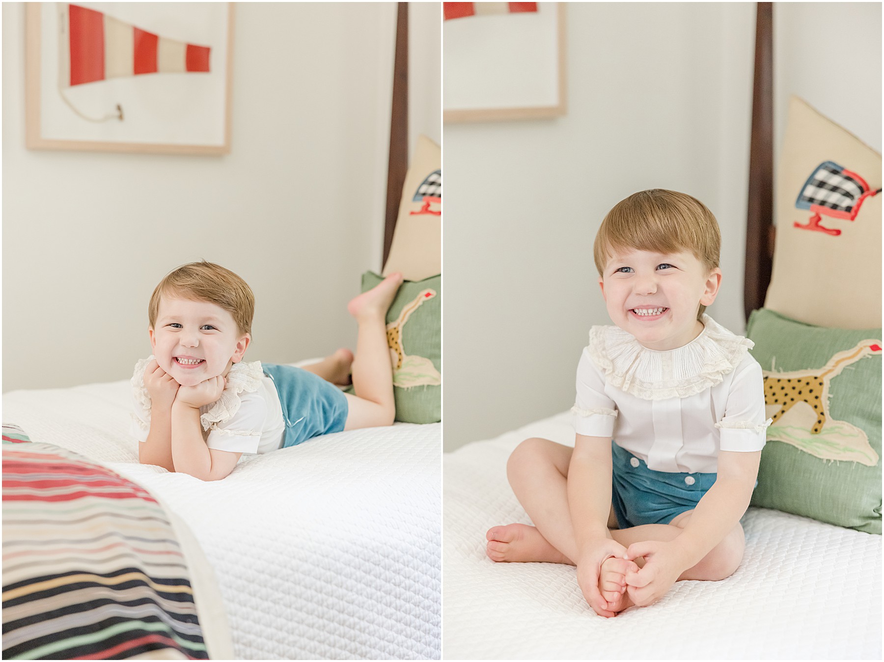Portraits of a toddler sitting on his big boy bed