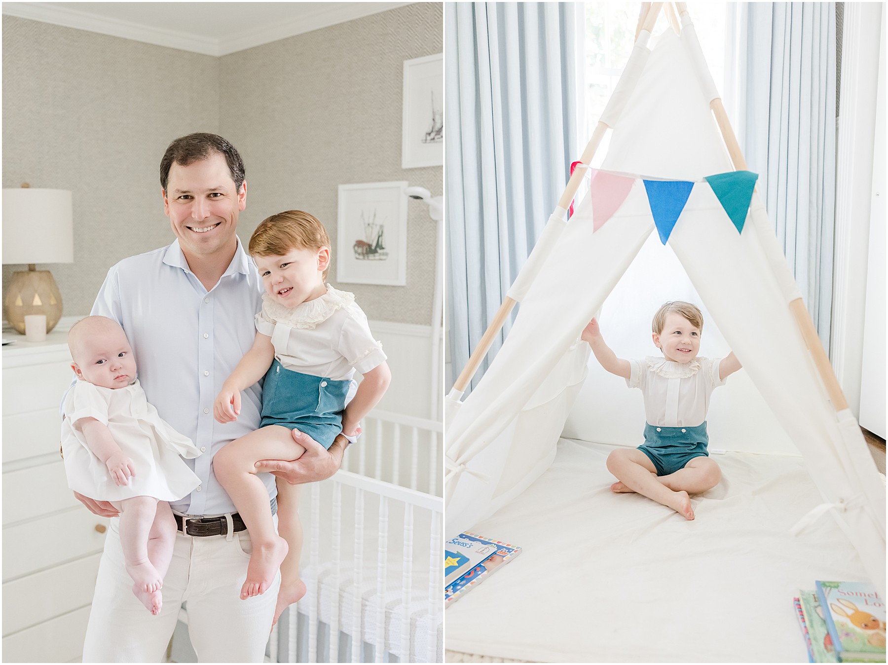 Portraits of a family during a Greenville in home newborn photography session.