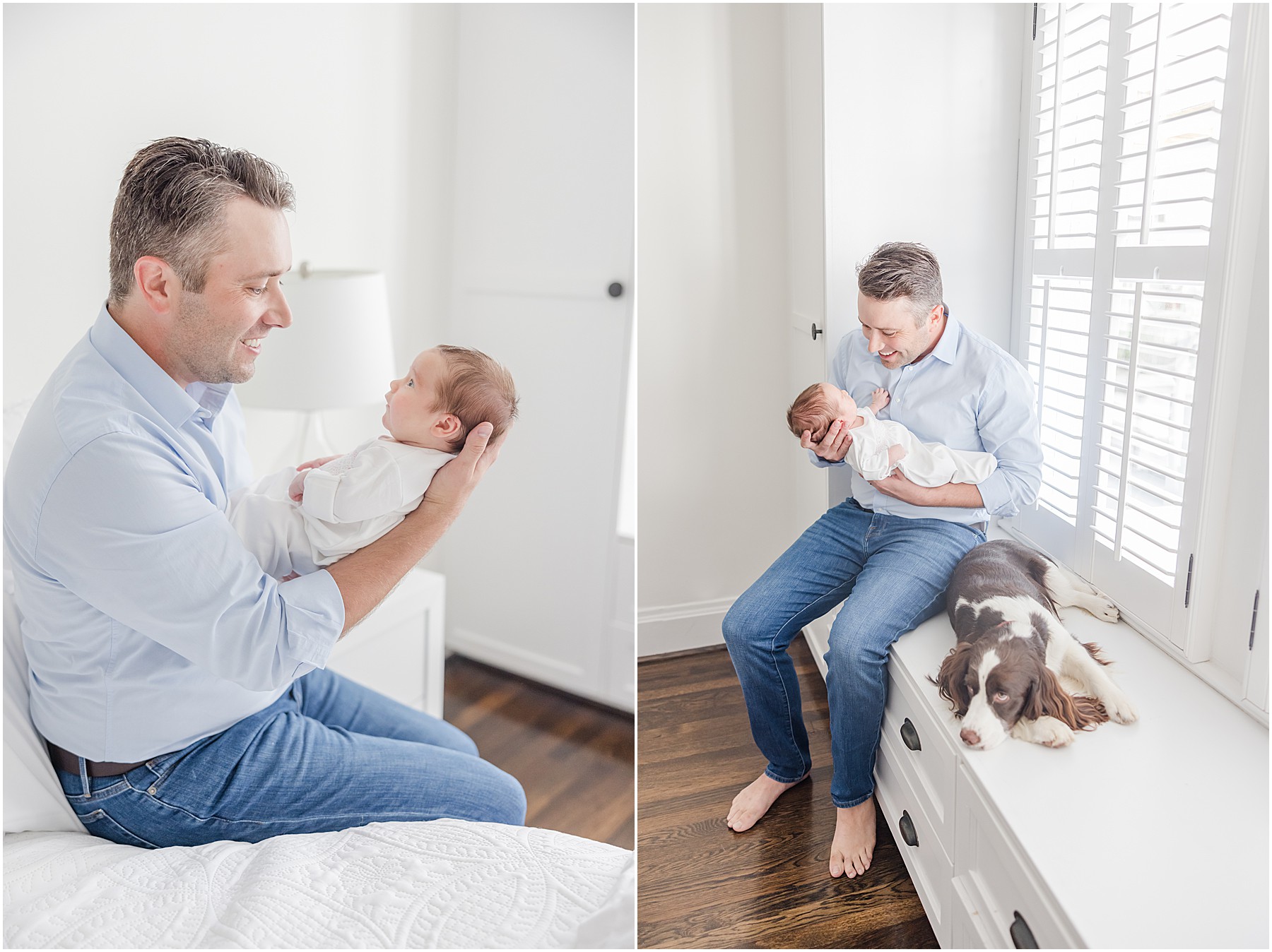 A new father posing with his baby girl for Greenville in home newborn photos.