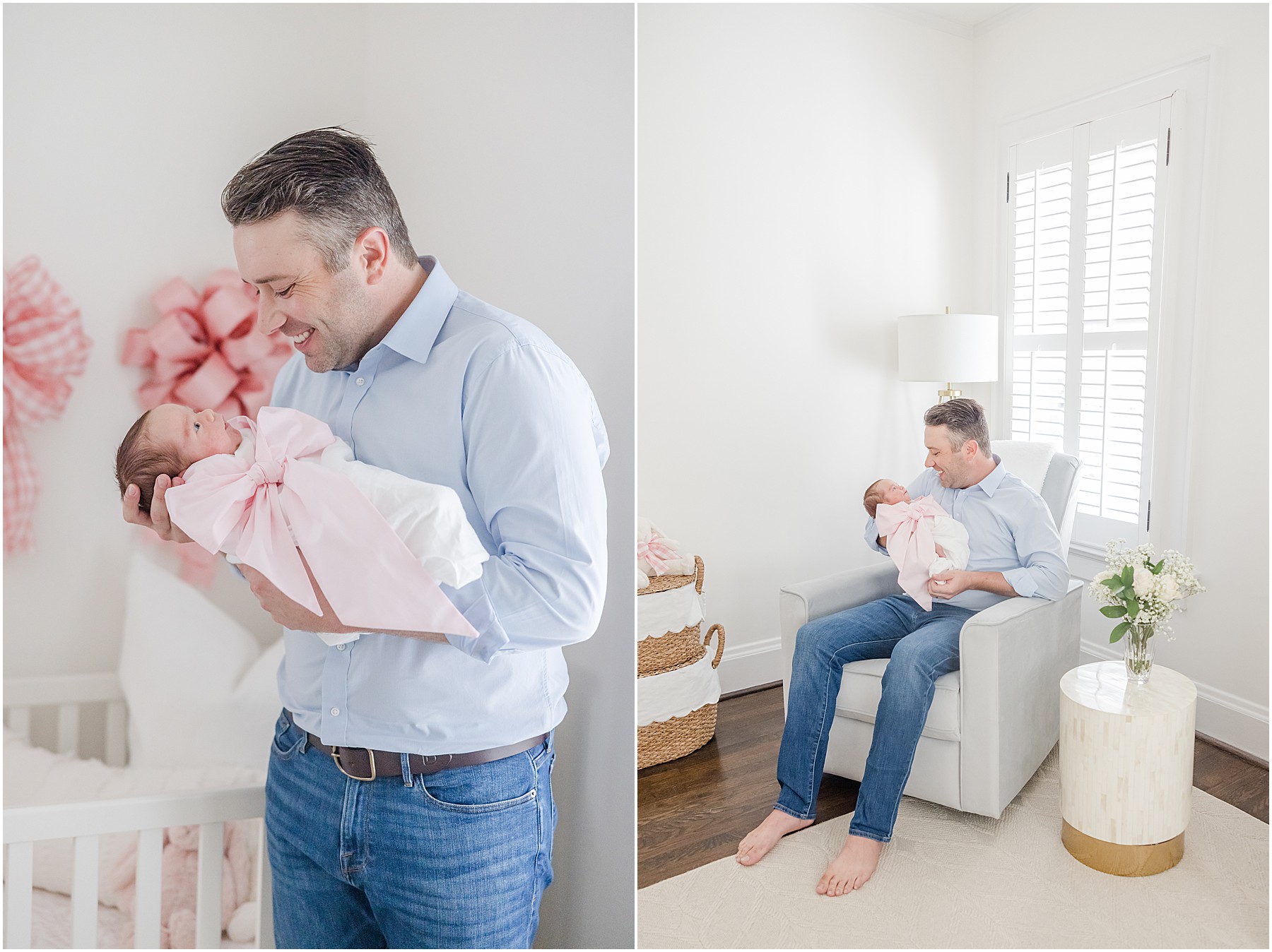 Greenville in home newborn photography of a father holding his baby girl wearing a pink bow swaddle. 