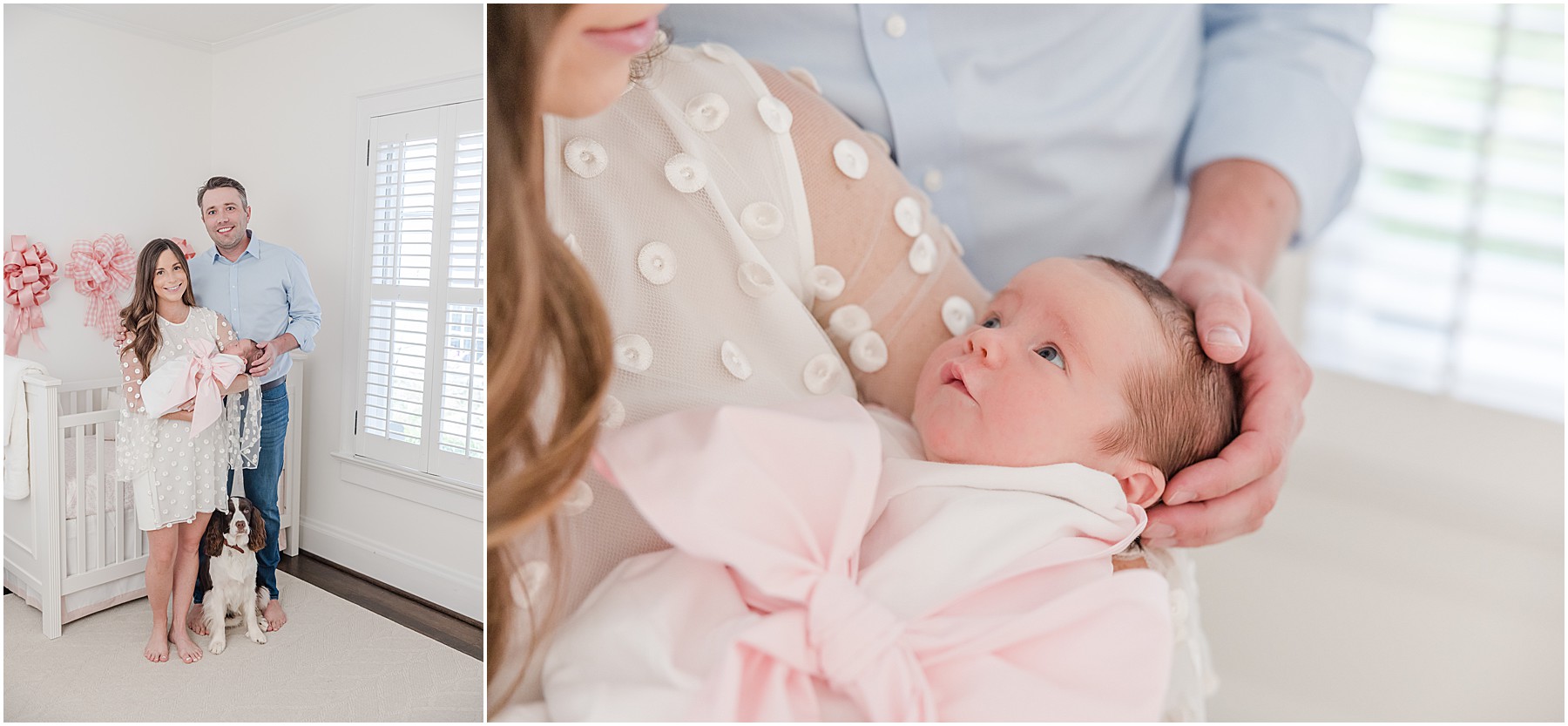 New parents holding their daughter in a pink Beaufort Bonnet Company bow swaddle.