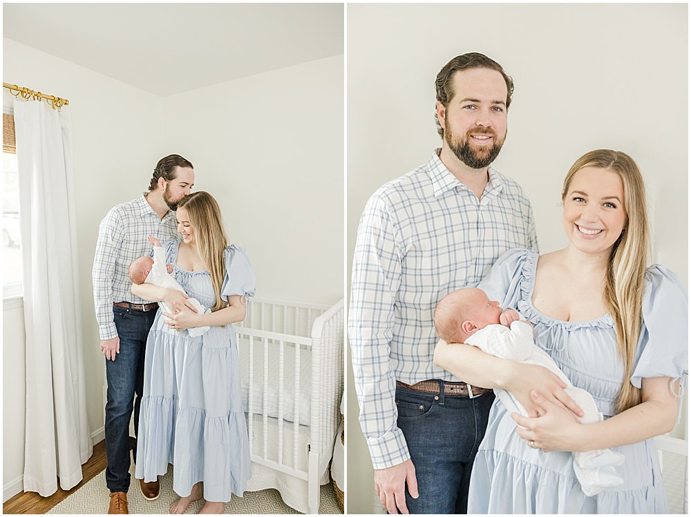 Portraits of a newborn boy and his parents at their home.