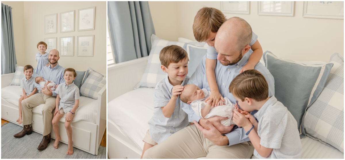 Greenville Newborn Photography of a father posing with his four young sons sitting on a white daybed.