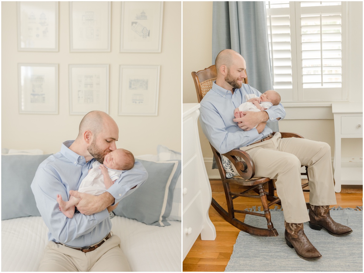 Greenville Newborn Photography of a father rocking his baby boy in an antique rocker.
