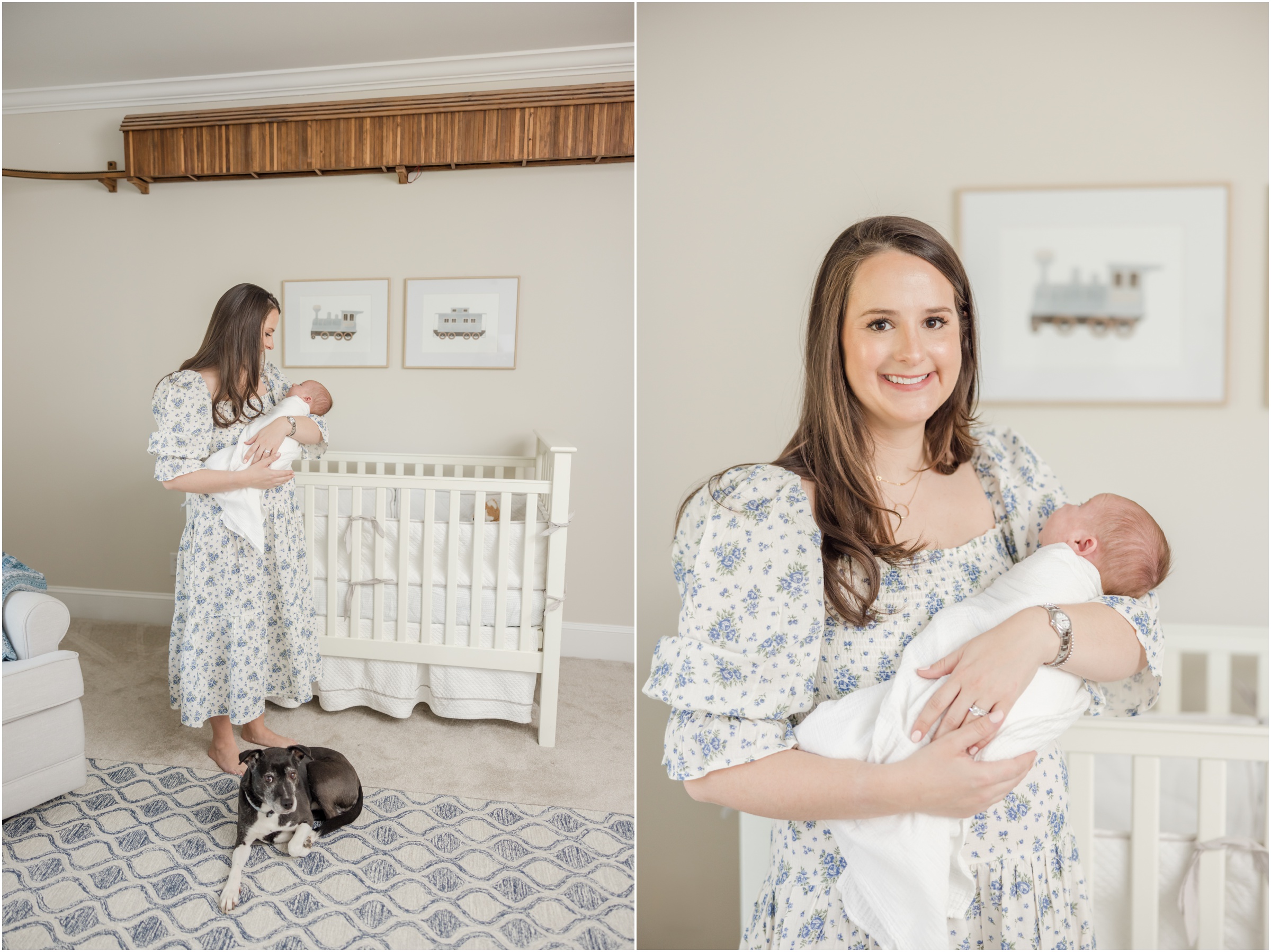 Portrait of a mother holding her newborn son while a small black and white dog lays at her feet during a Greenville newborn photography session.