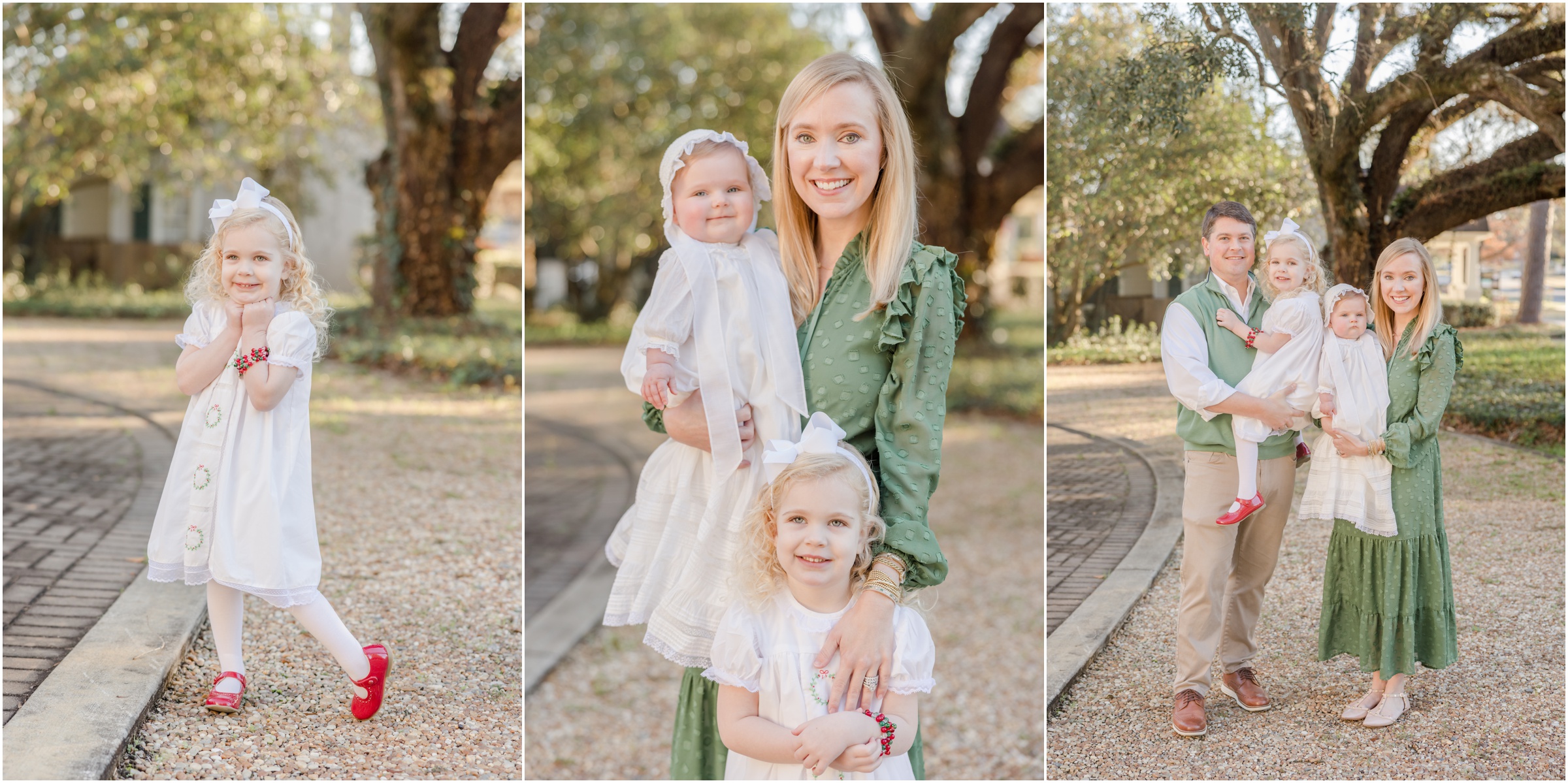 Trio of images of a young family posing for portraits with their toddler and baby by Greenville SC family photographer.