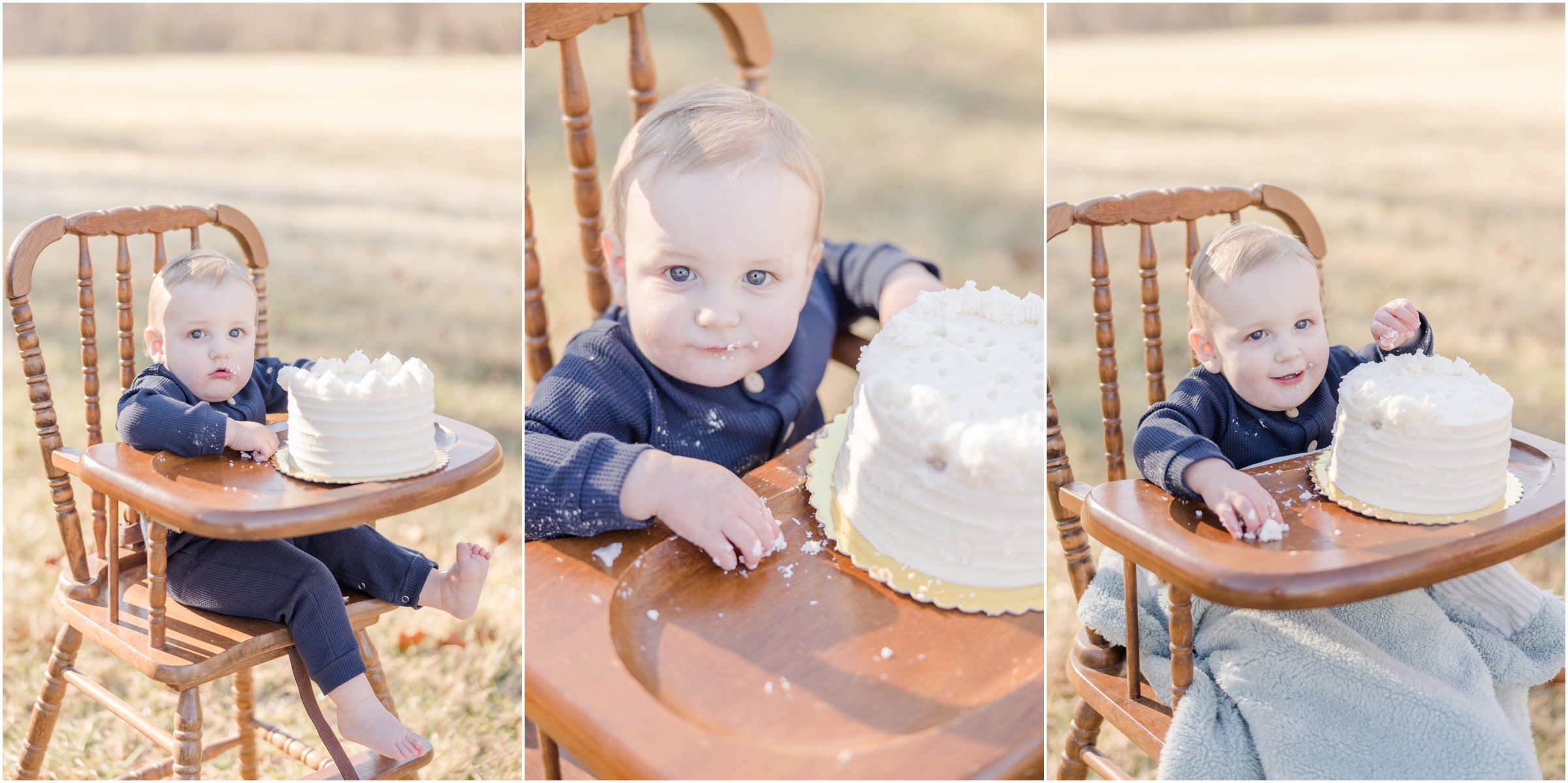 Portraits of a one year old in a high chair for cake smash photos in Greenville.