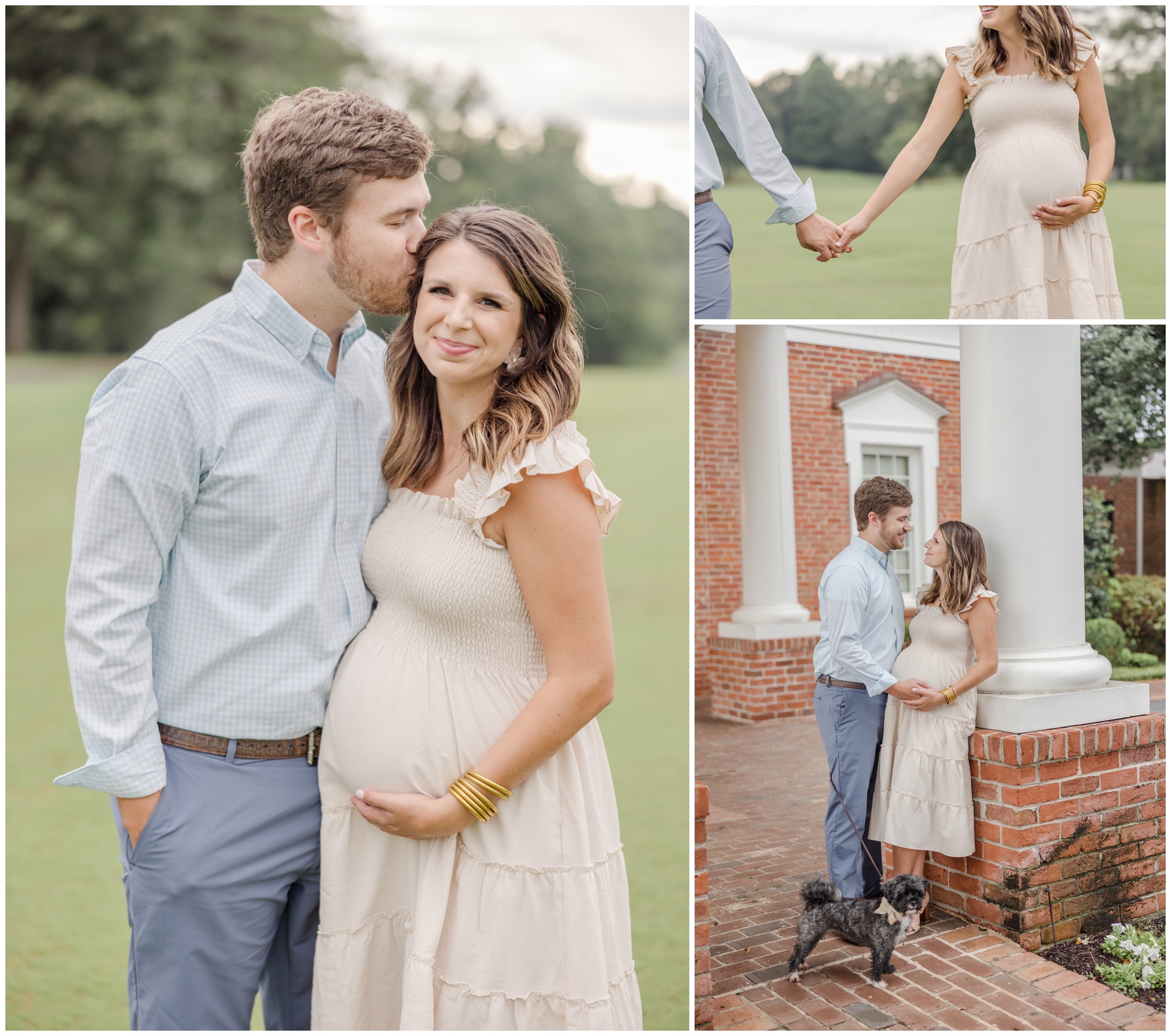 Three photo collage of a young couple posing for Greenville SC maternity photos.