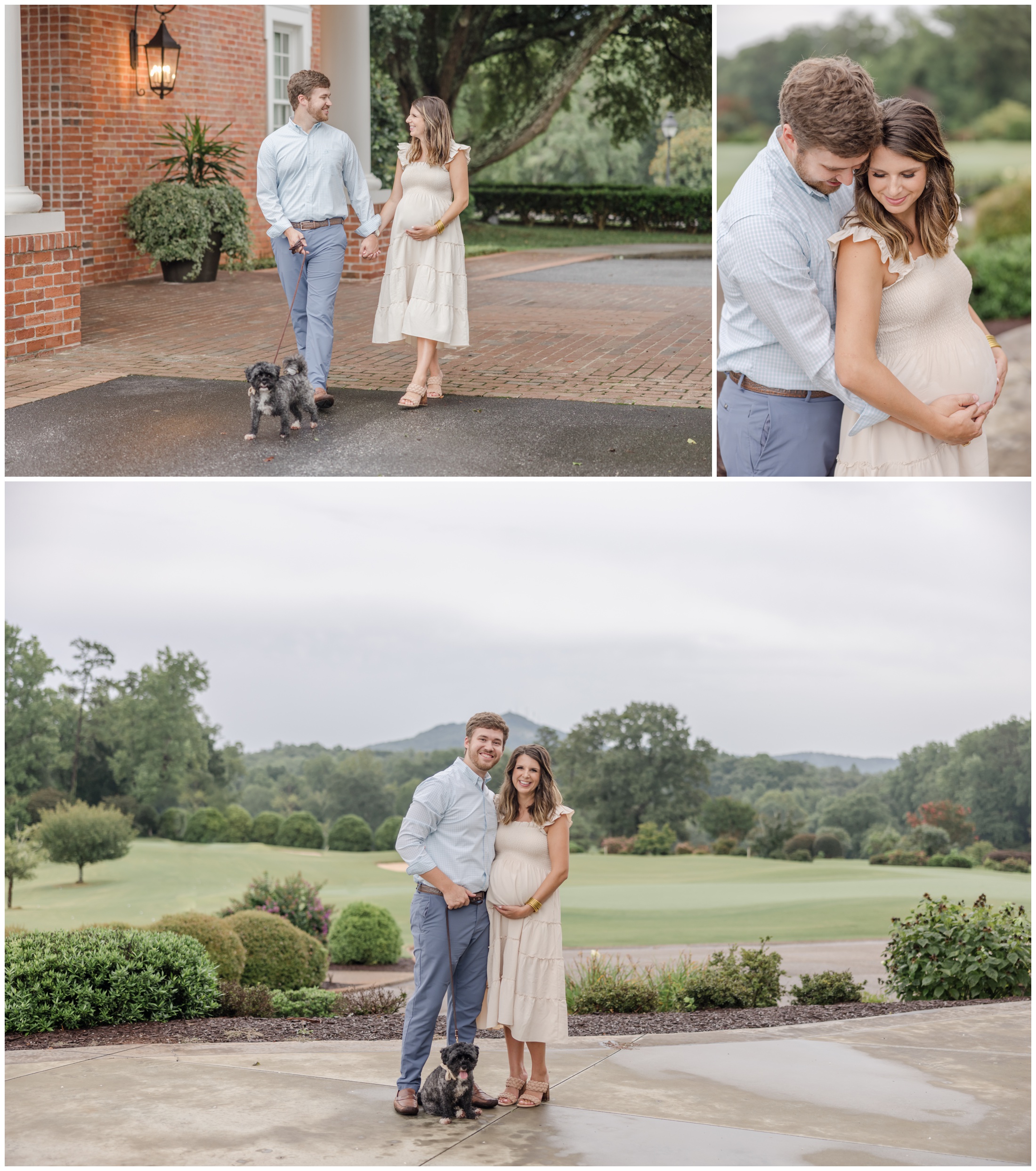 Three photos of a couple posing during maternity portrait session in Greenville SC.
