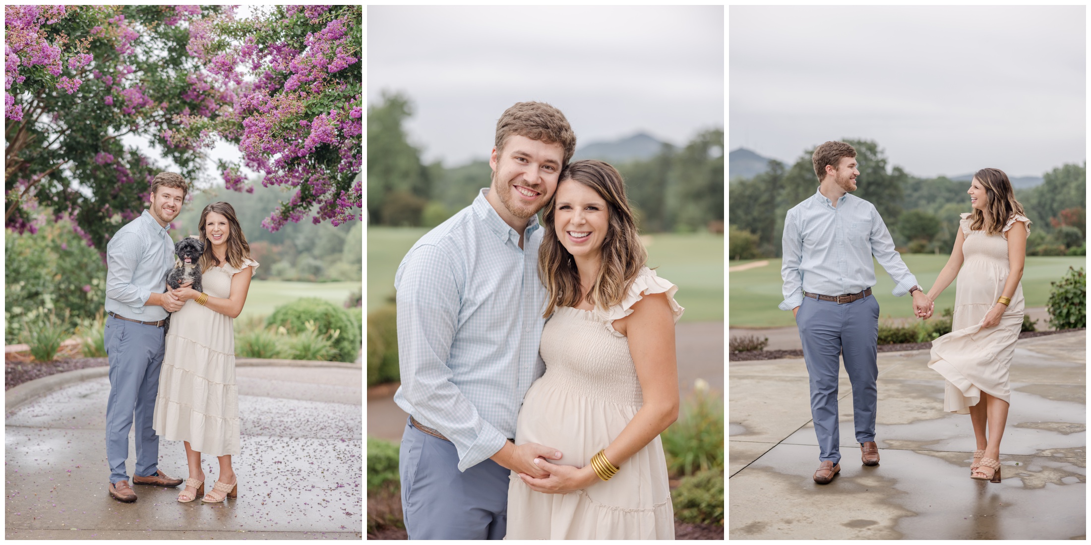 Three photo collage of a couple during maternity portrait session.