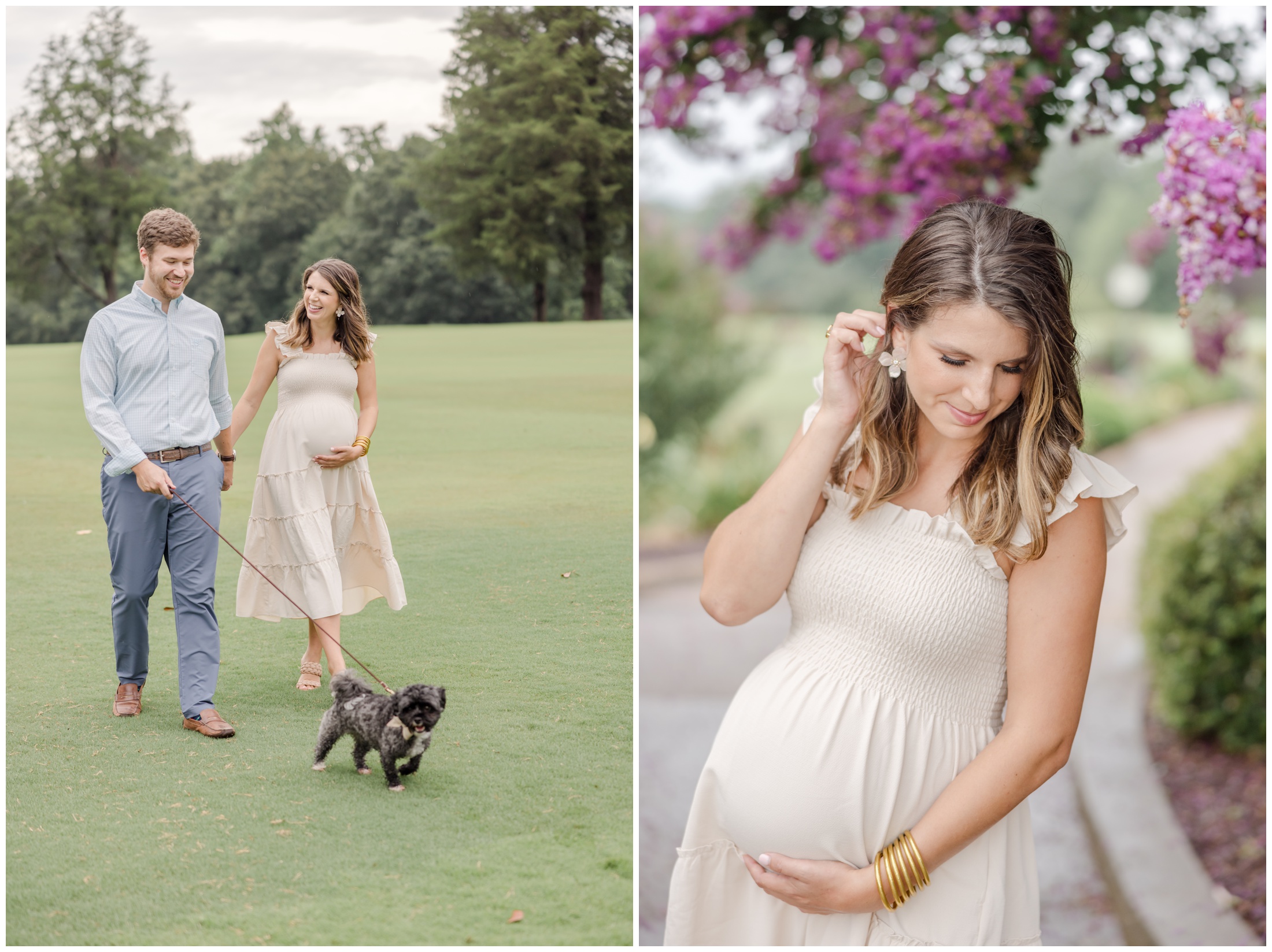 Photo of a pregnant mother posing in front of azalea blooms and a couple walking their dog during maternity photo session.