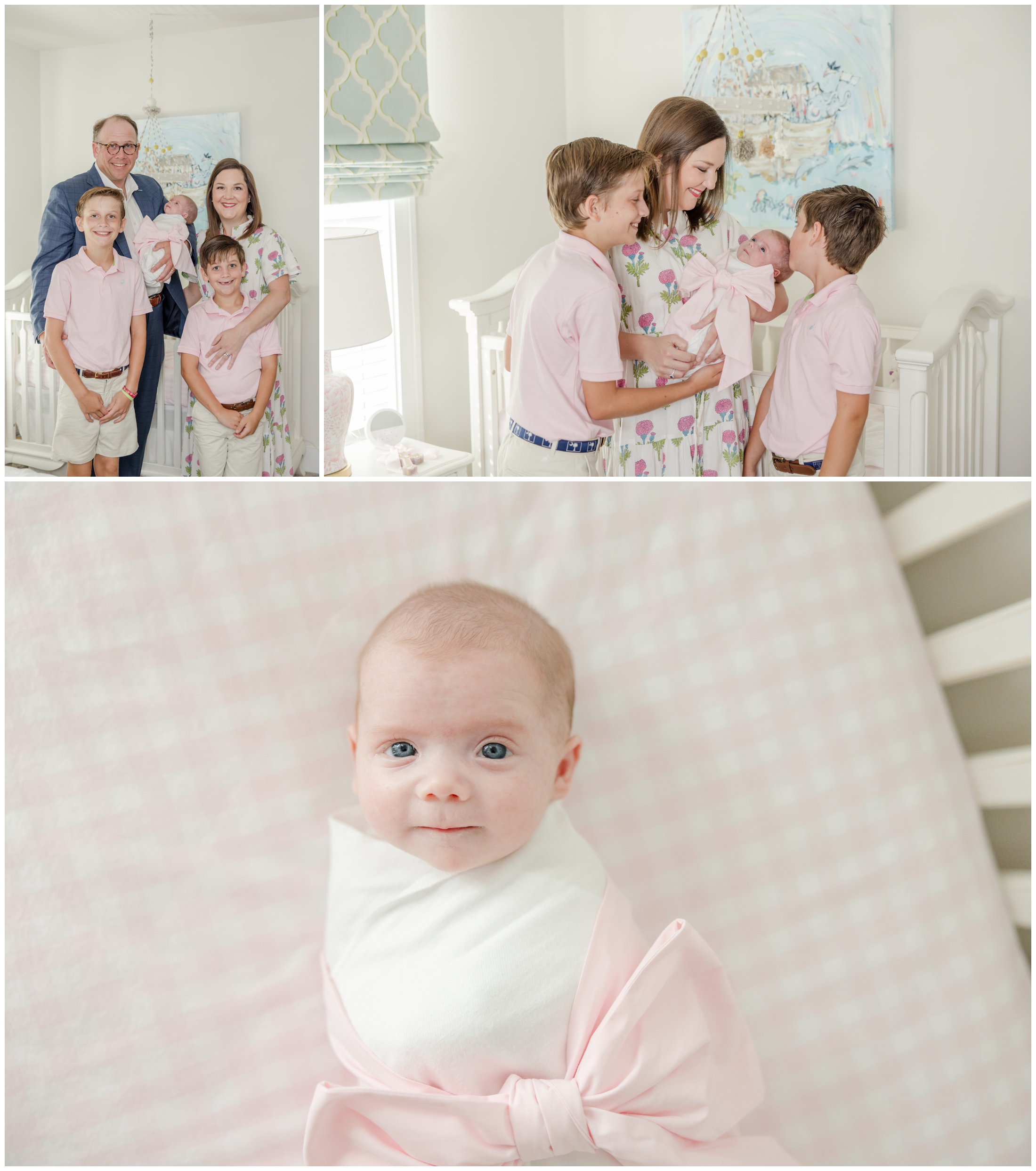 Three photos of a family with two sons and a baby girl during their Greenville newborn photo session in their home.