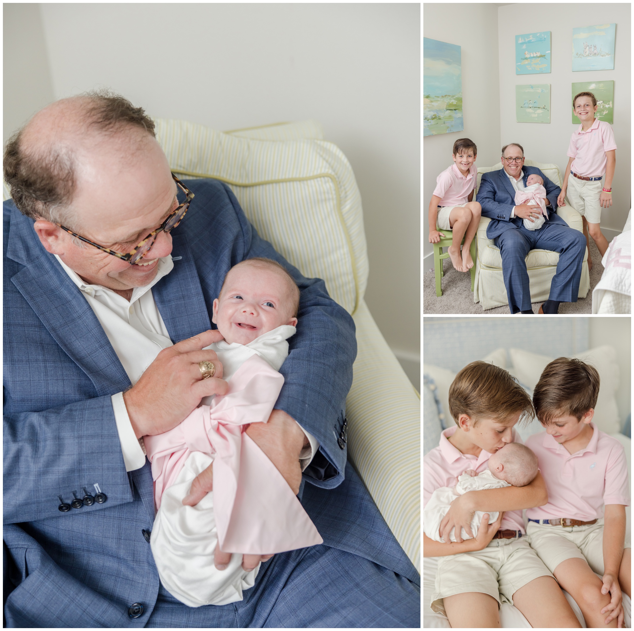 Portraits of a father with his young sons and newborn baby girl smiling for the Greenville photographer.