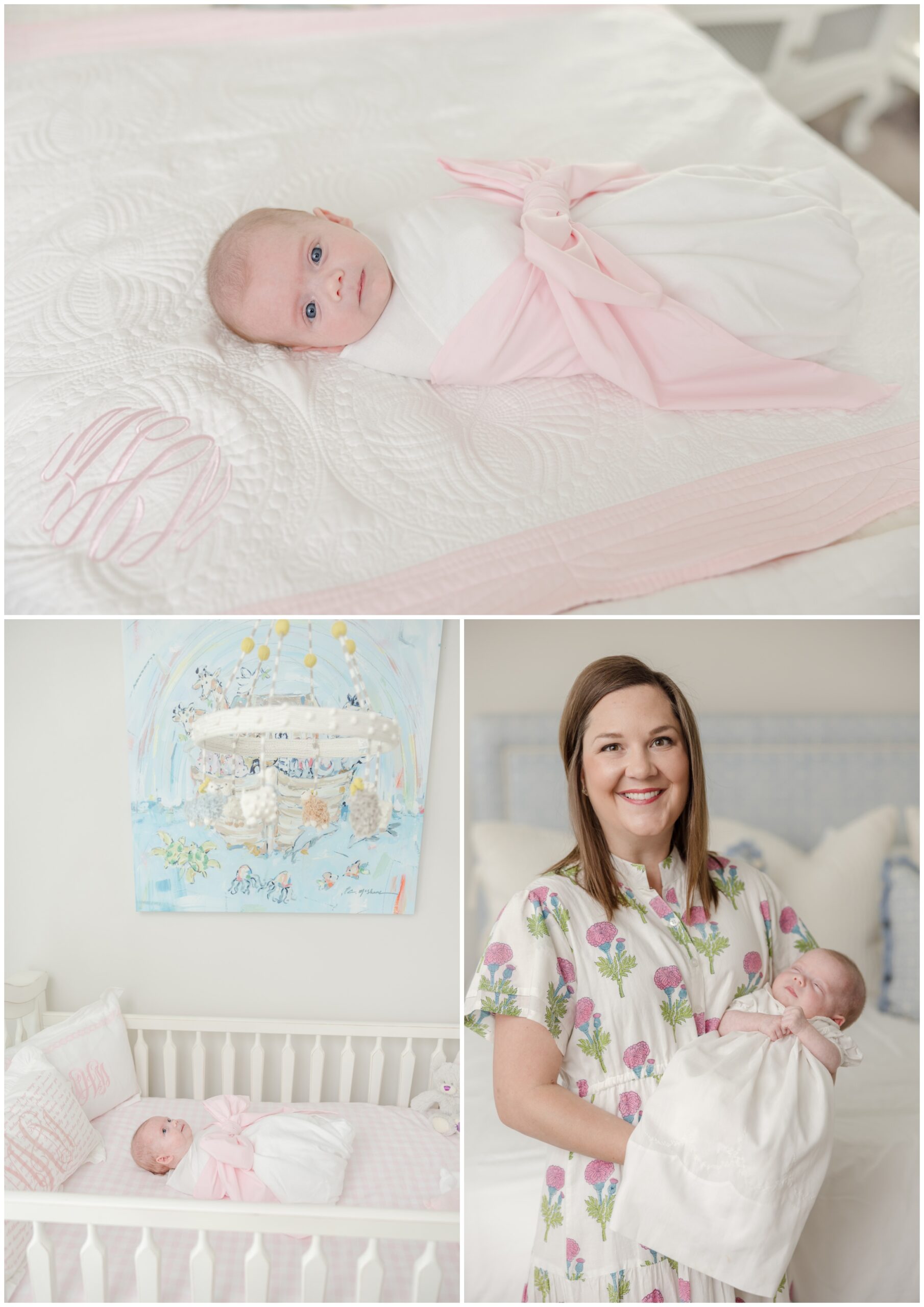 Photos of a newborn baby in her nursery wearing a pink Beaufort Bonnet Bow Swaddle.