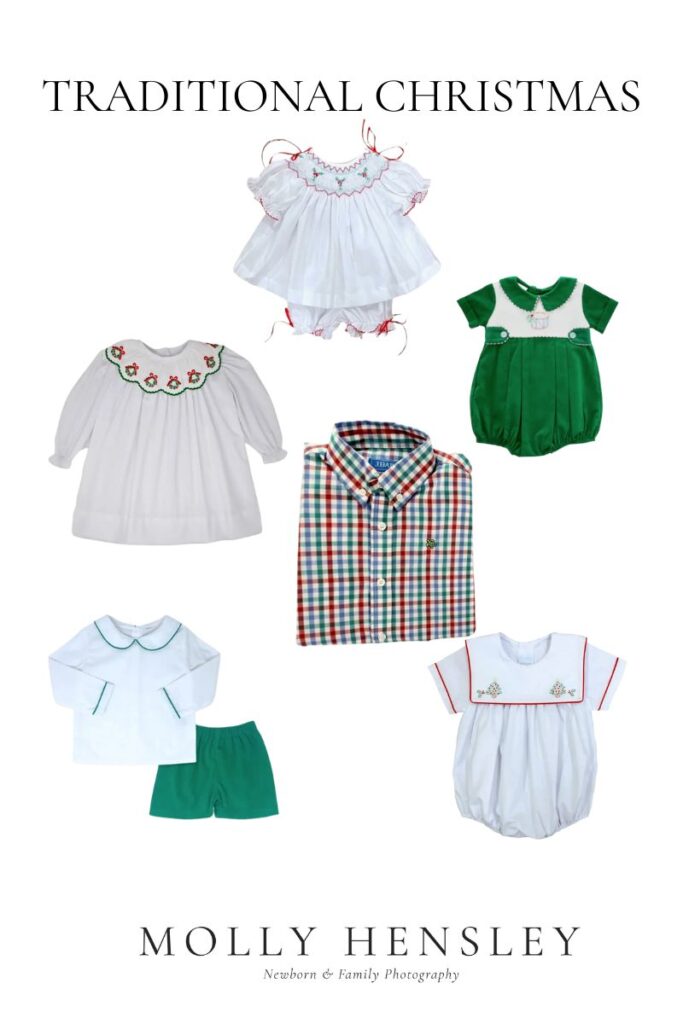 Traditional red and green outfits for children's photos with Santa.