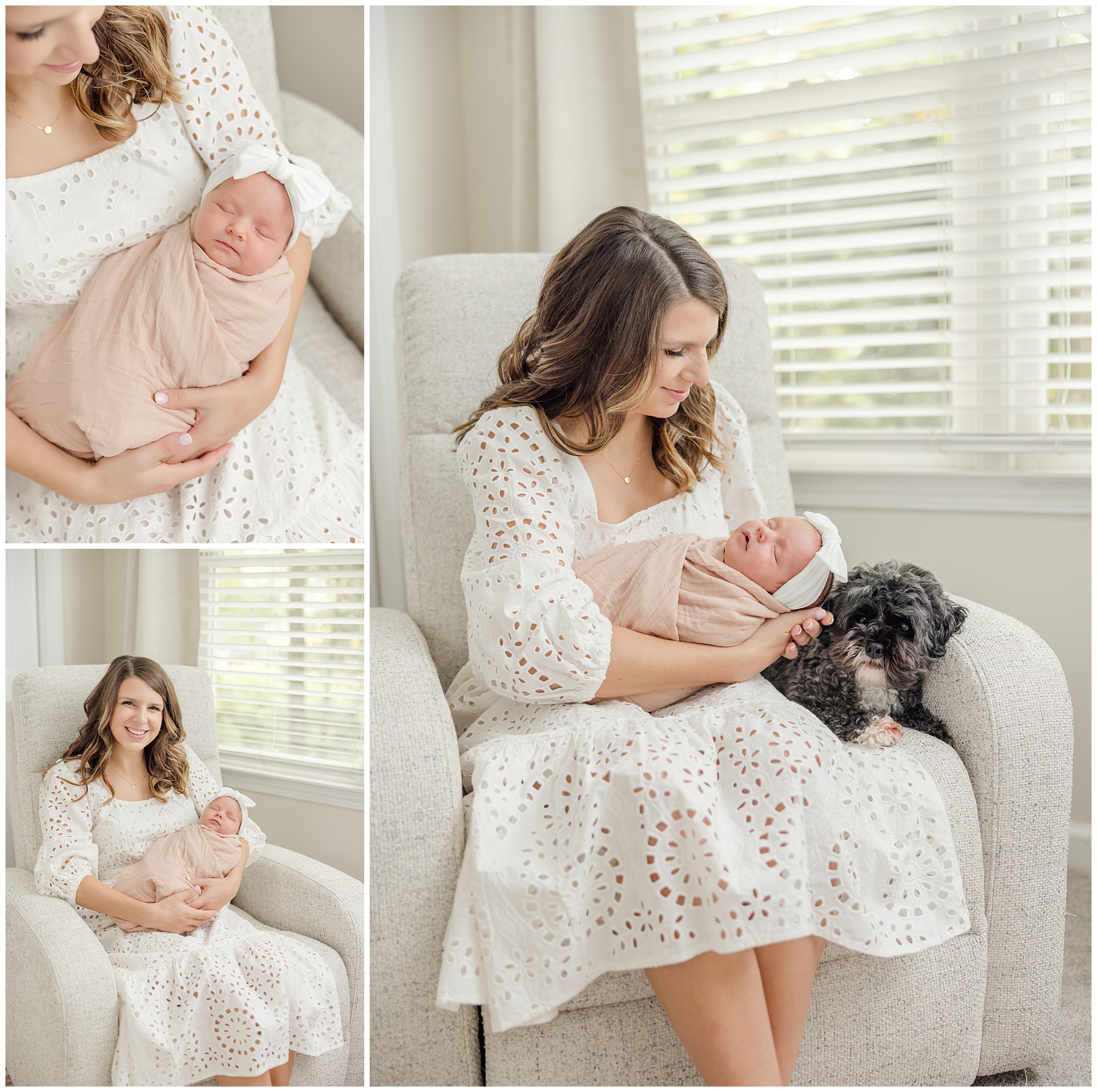 A mother wears a white dress sitting in a rocker with her newborn baby girl and dog during her Greenville SC newborn photography session.