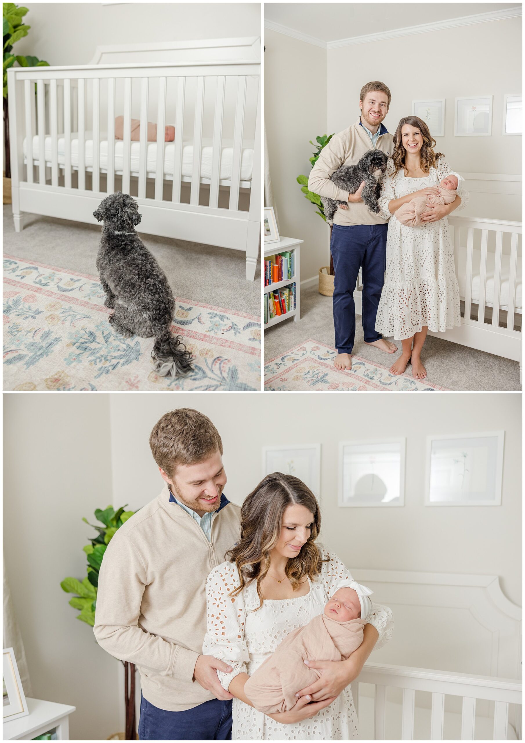 Parents pose with their newborn daughter in front of a white crib for Greenville SC newborn portraits.