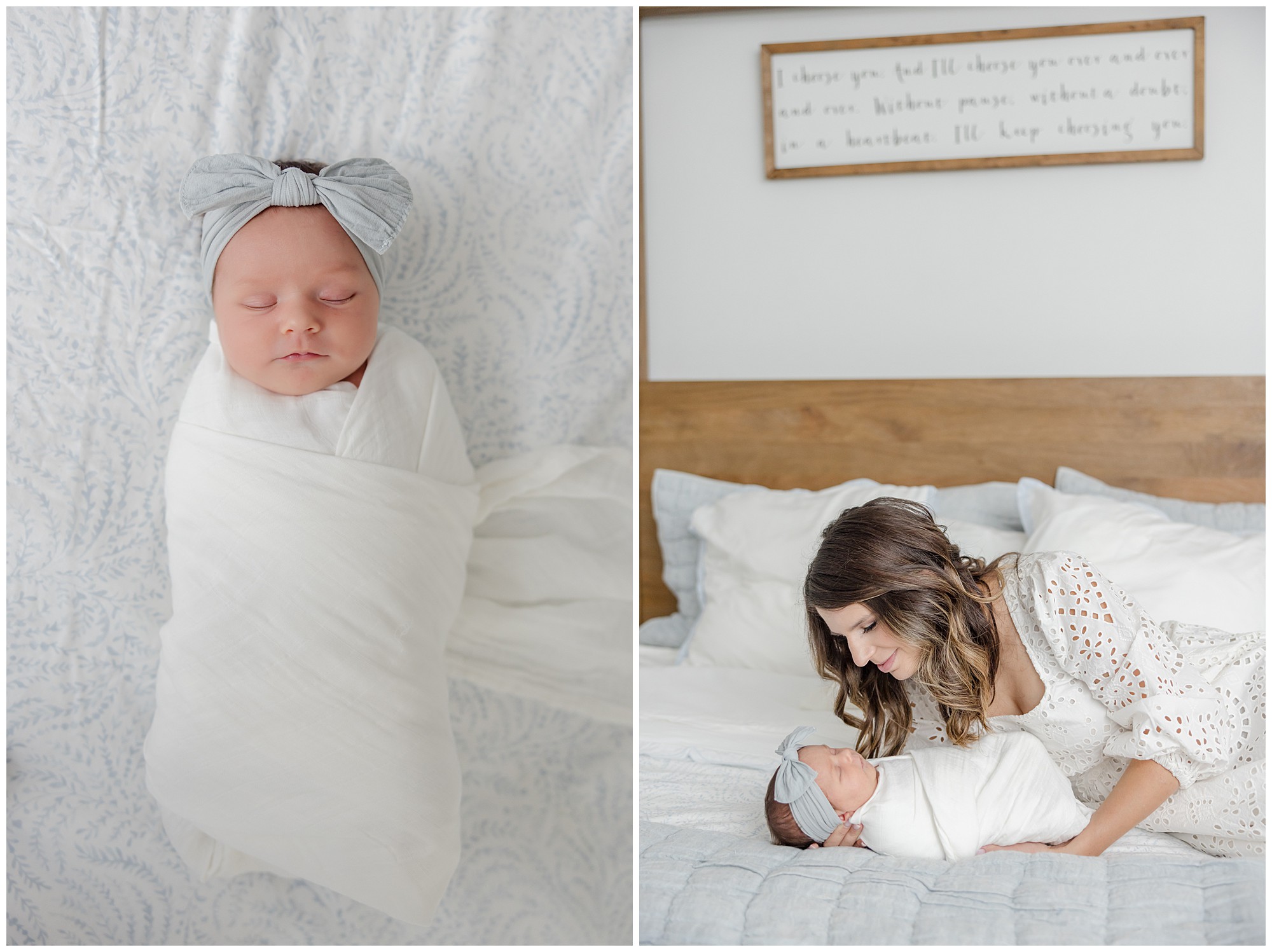 Newborn baby girl wrapped in a white swaddle with a blue bow in a portrait and a photo with her mother taken by Greenville SC in. home newborn photographer.
