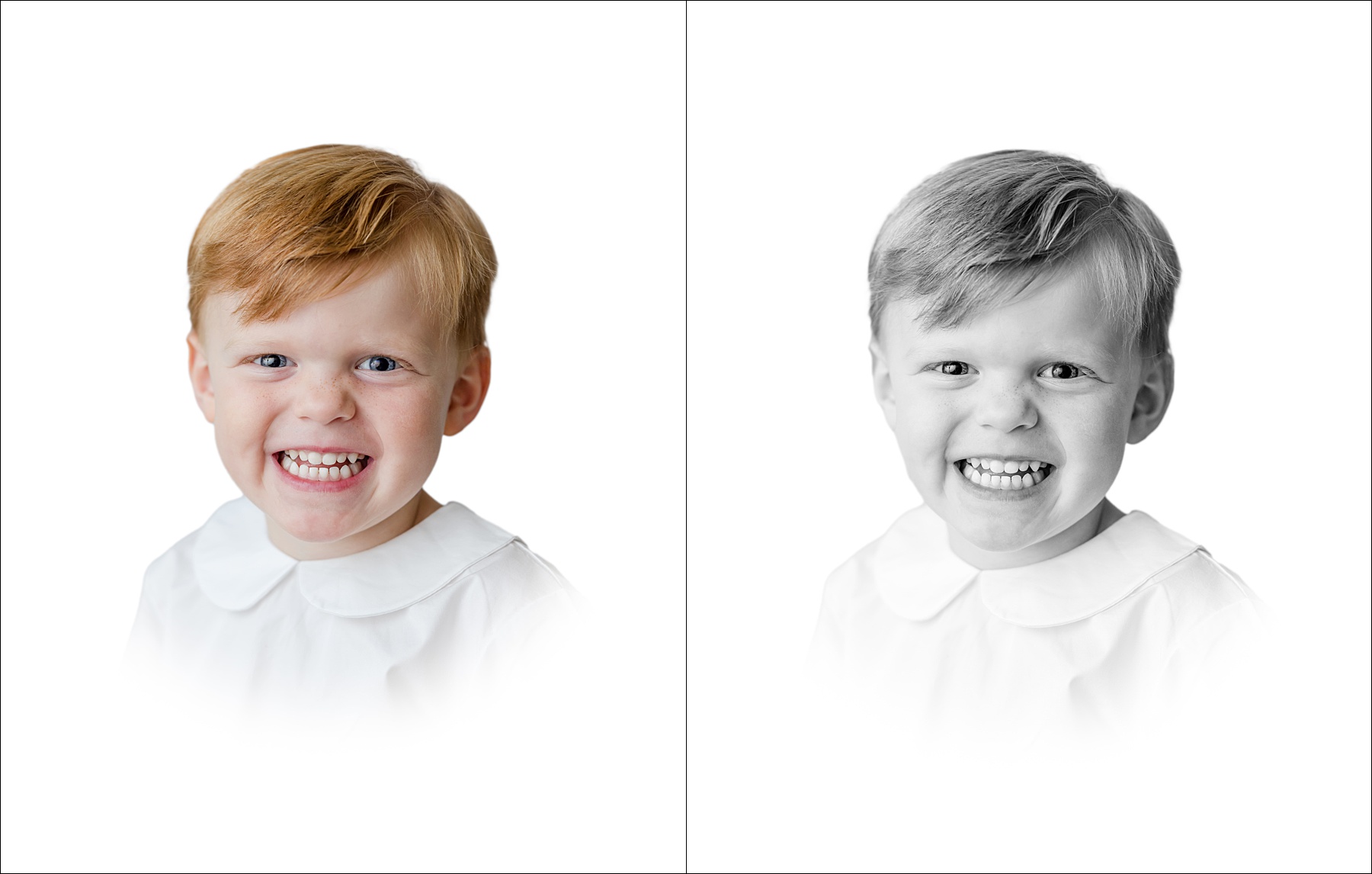 South Carolina heirloom portraits with a white vignette of a red headed young boy in color and black and white.