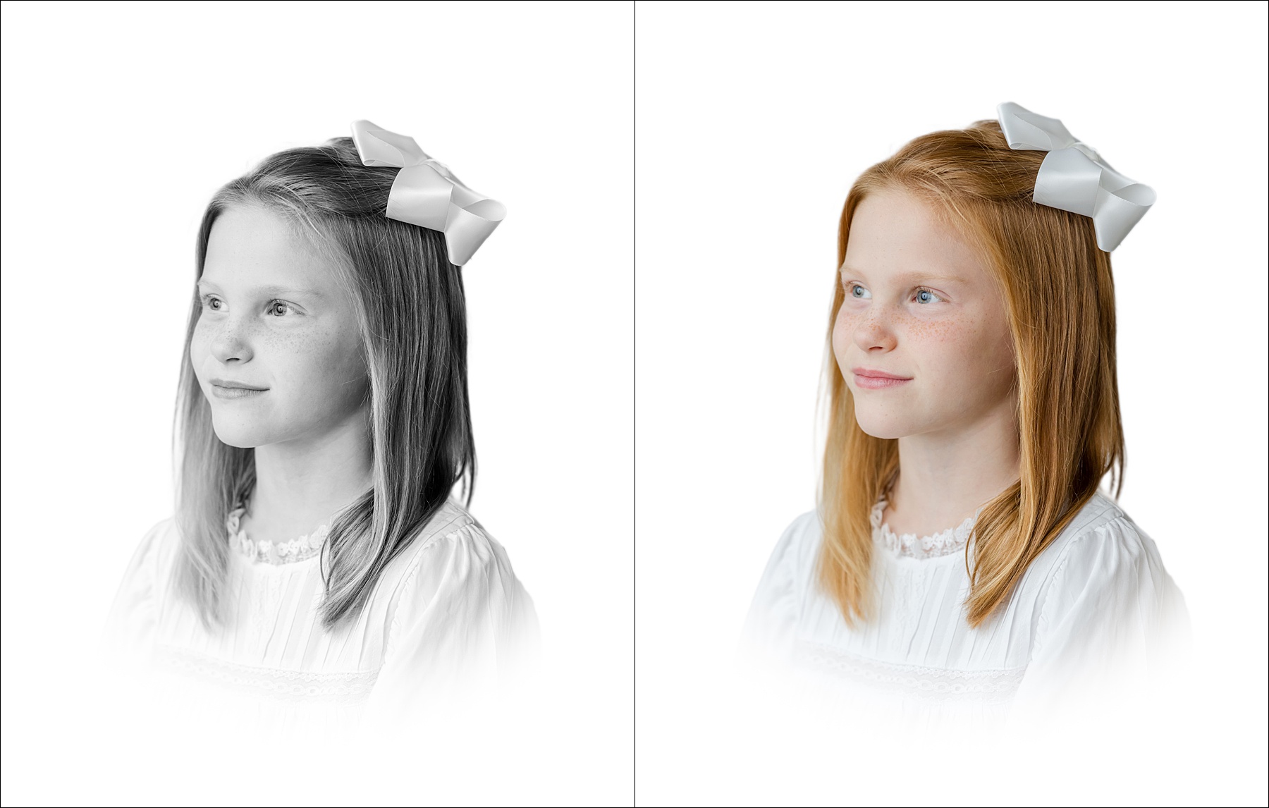 South Carolina heirloom portraits with a white vignette of a red headed young girl in color and black and white.