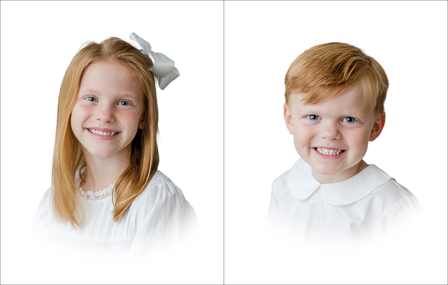 South Carolina heirloom portraits with a white vignette of a red headed young girl and her red headed brother.