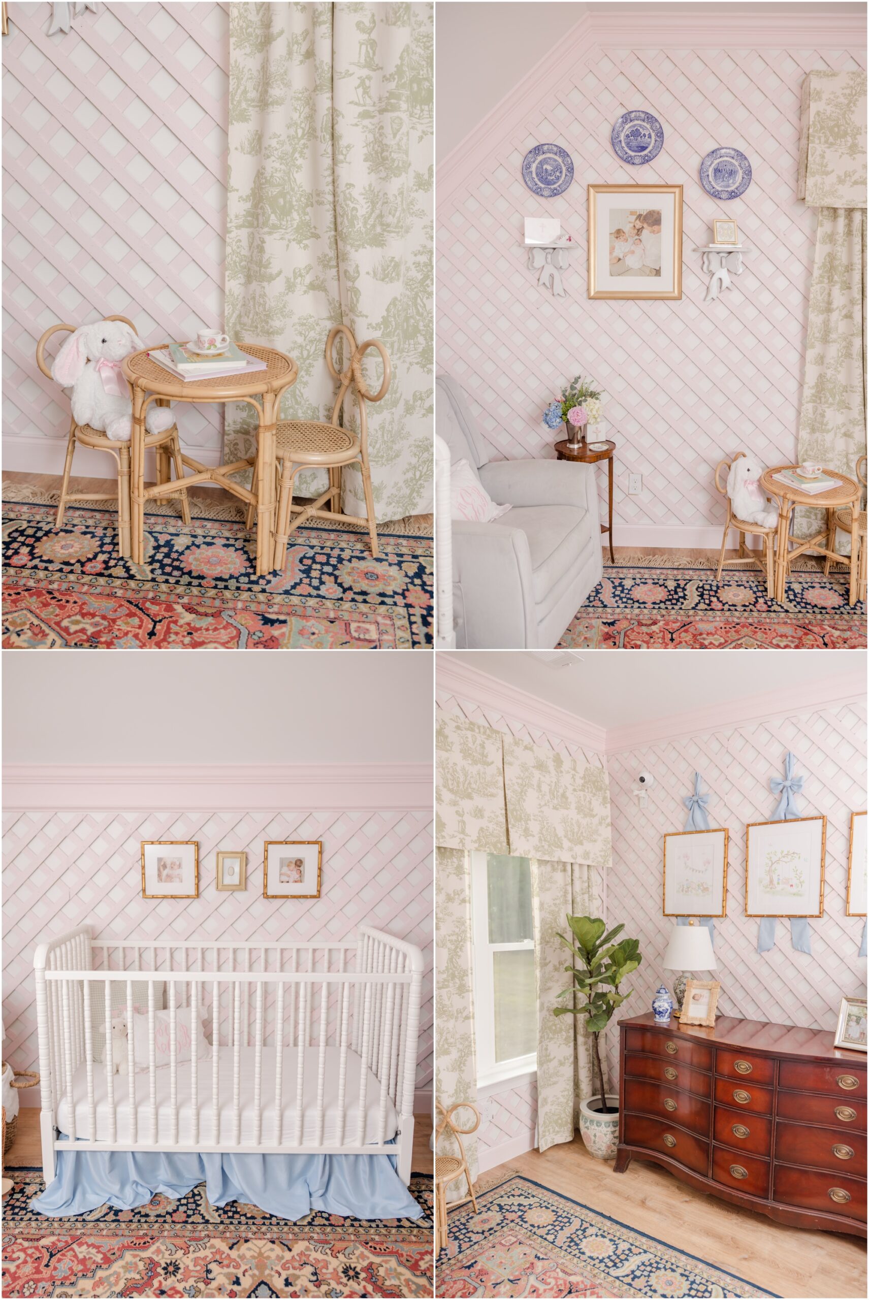 Grandmillenial nursery inspiration including a wicker childs table, white cribe, pink latice on the walls, blue plates on the wall, and an antique dresser.