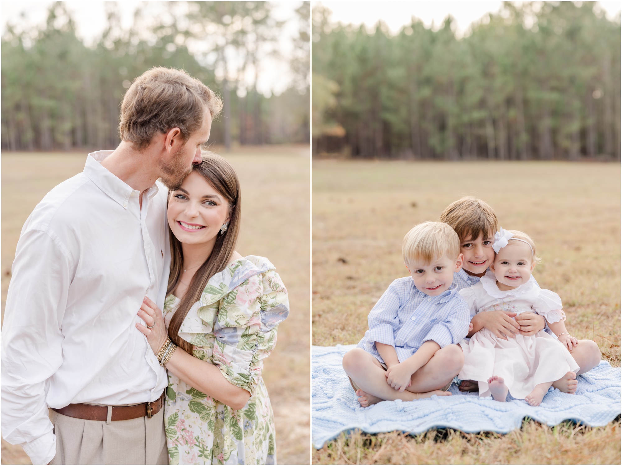 A father kisses his wife on the head and two brother sit on a blue blanket with their one year old sister during their Greenville Family photos.