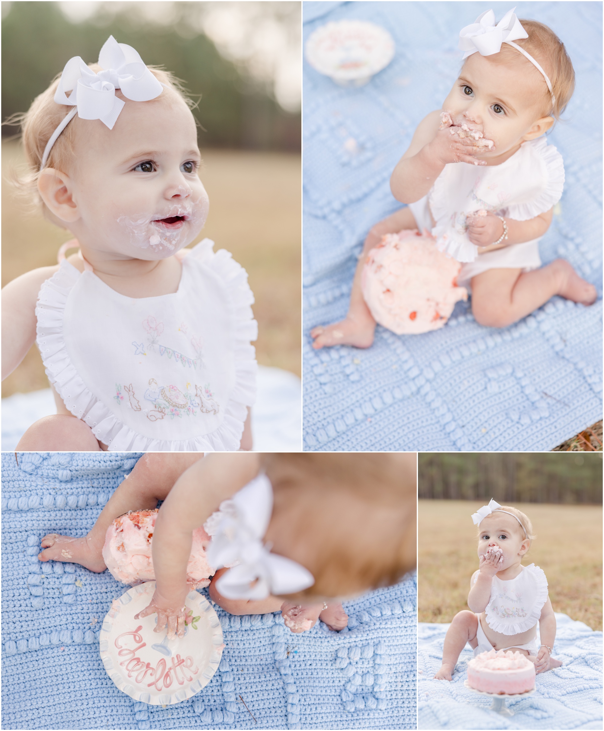 A one year old girl in an embroidered bib and bloomers enjoys cake during a Greenville first birthday cake smash  photo session.