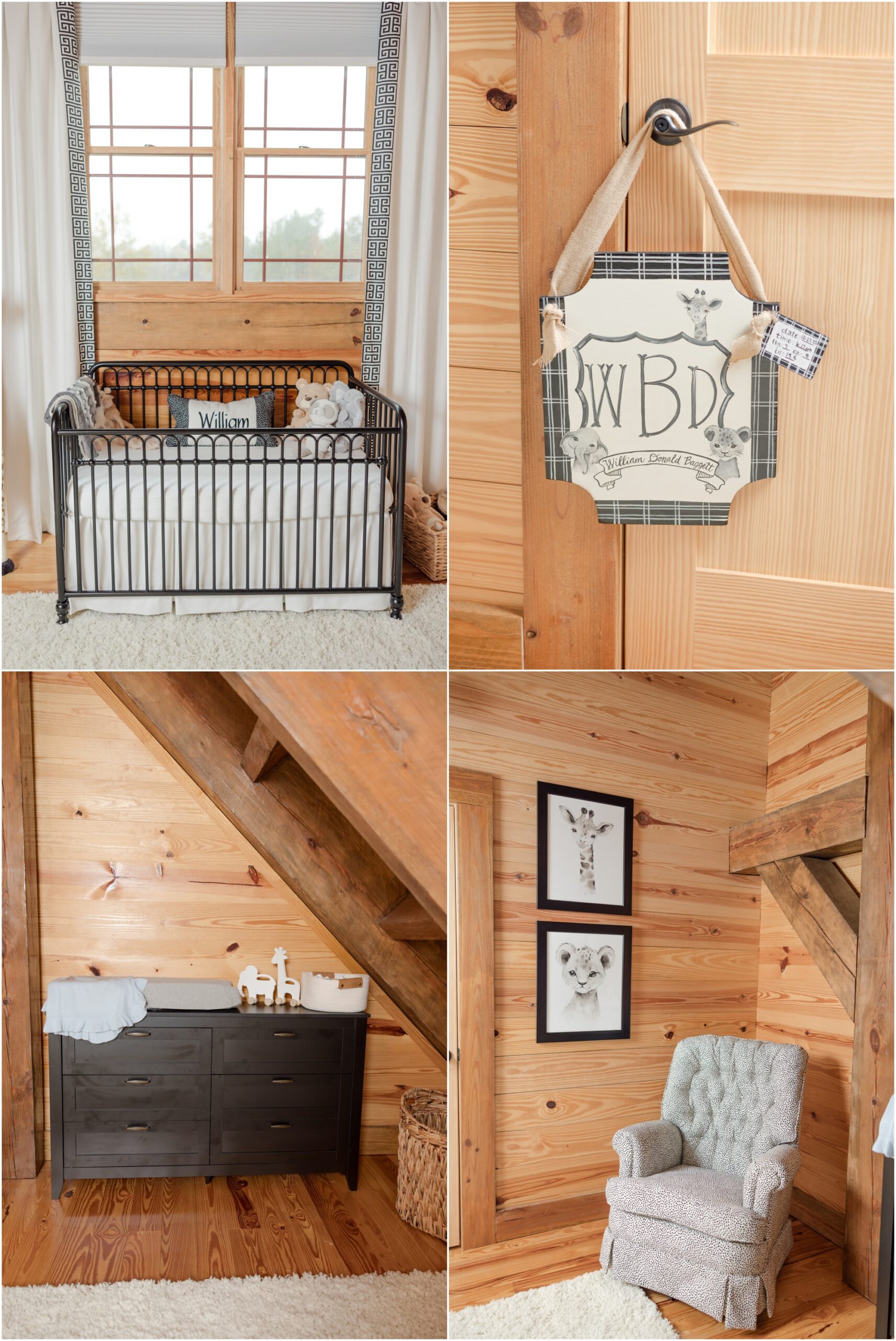 Interior photos of a black and white cabin nursery for a baby boy during a Greenville SC newborn photography session.