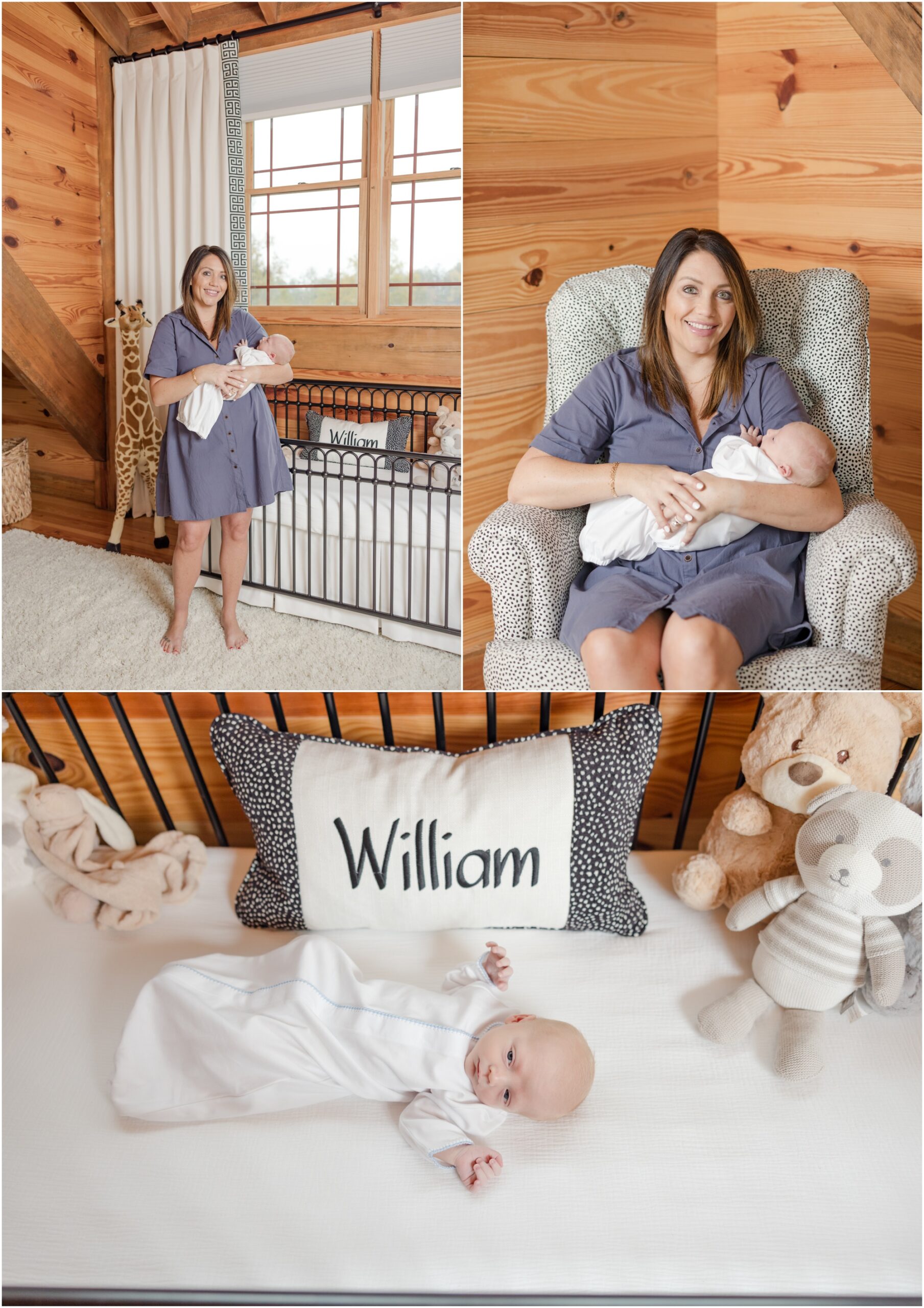 Portraits of a newborn baby boy with his parents and brother in a black and white cabin nursery during a Greenville SC newborn photography session.