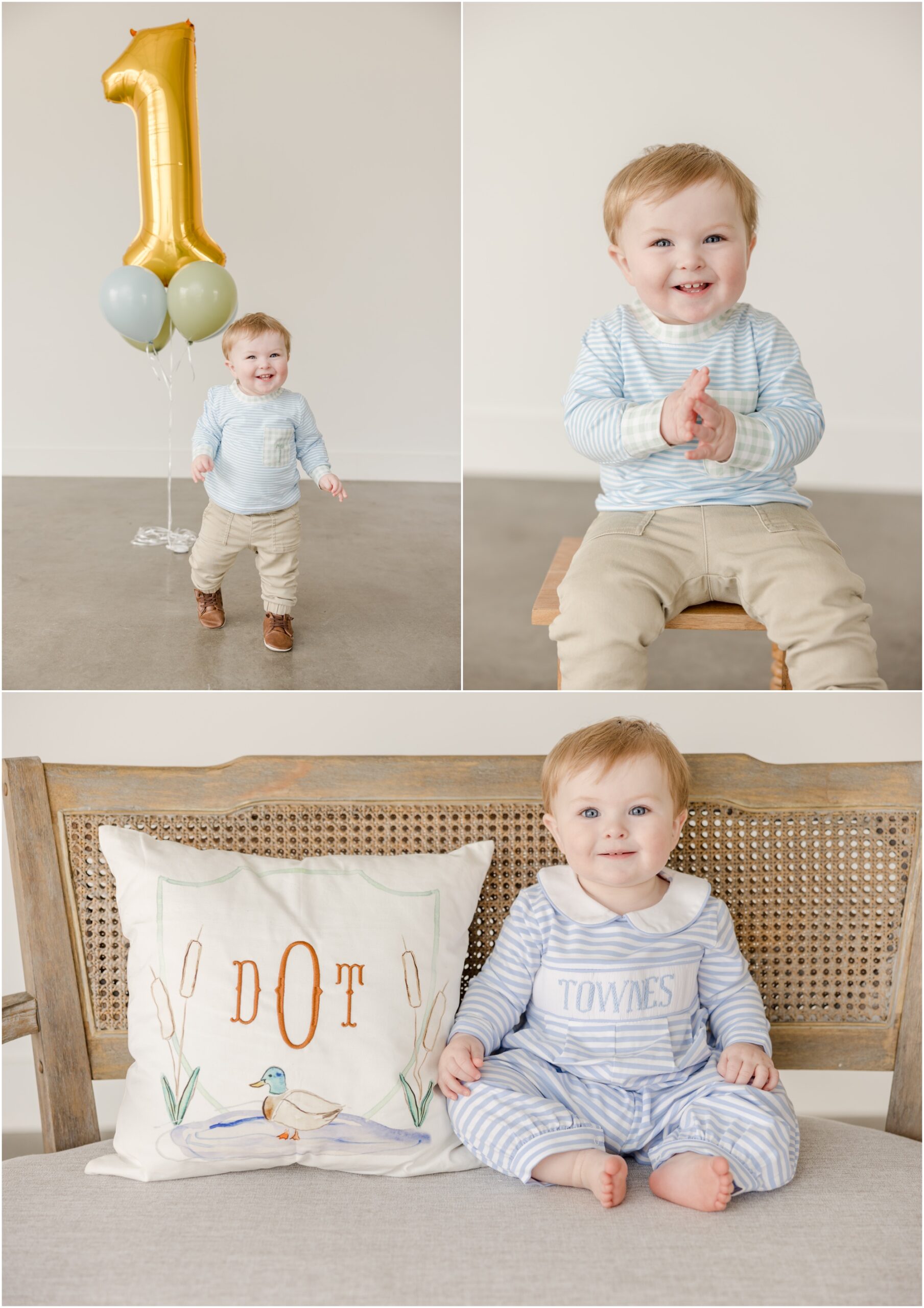 A one year poses for first birthday portraits in a white studio at The Gathered Collective in Easley South Carolina.