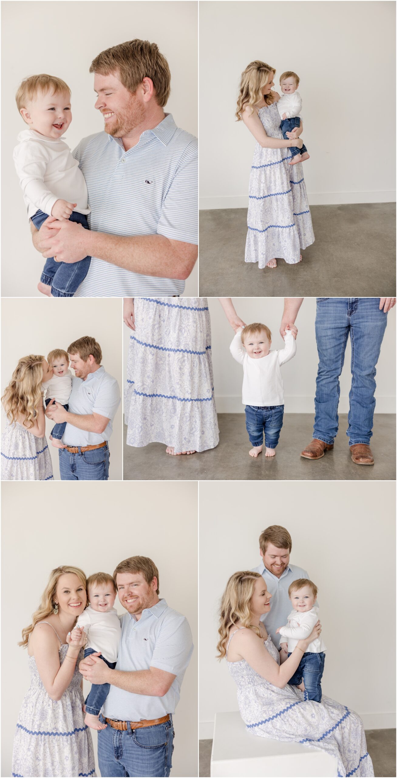 Family portraits during a Greenville 1st birthday photo session in a white studio.