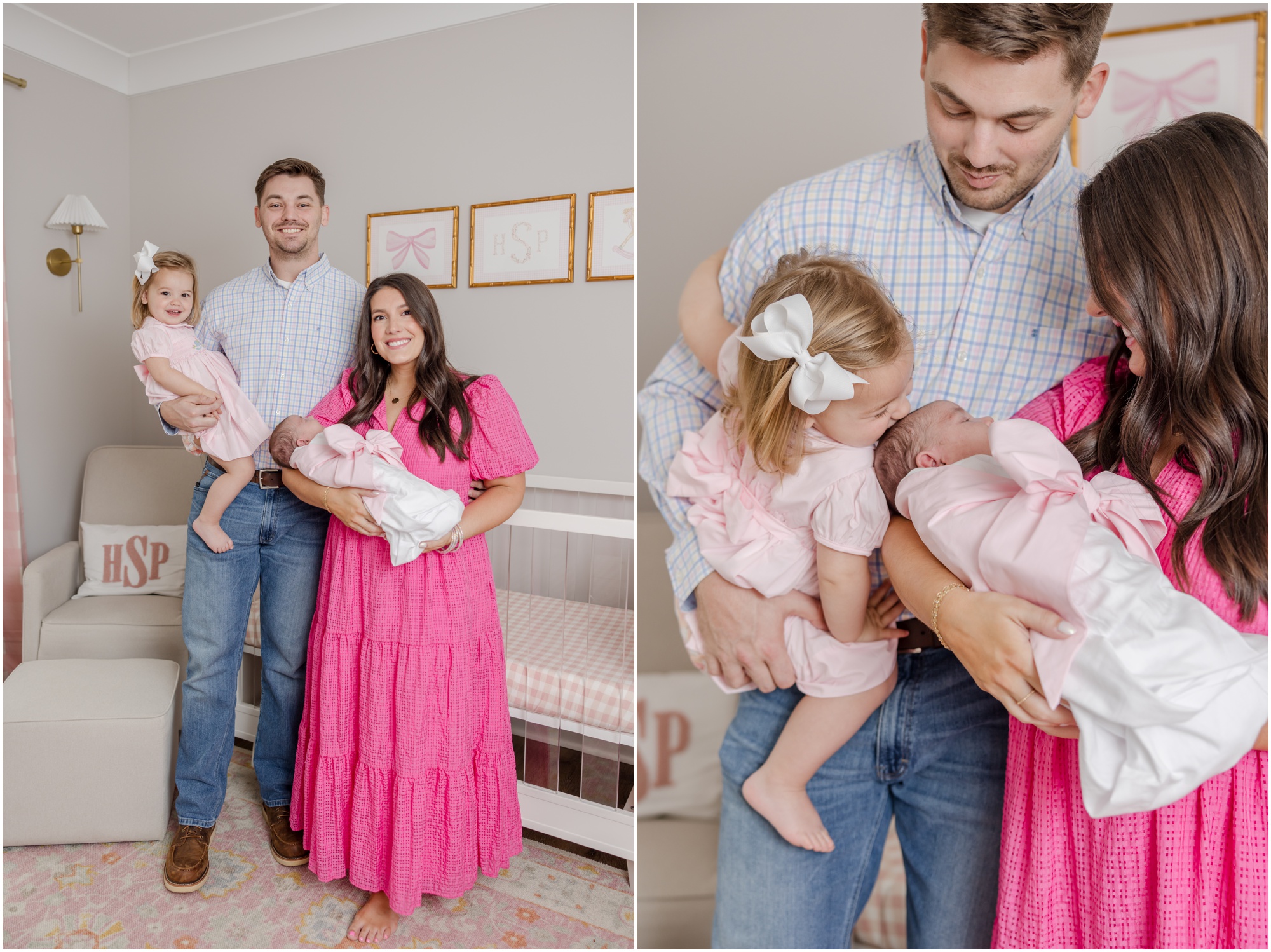 Family portraits of parents with their toddler and newborn daughters in their nursery.