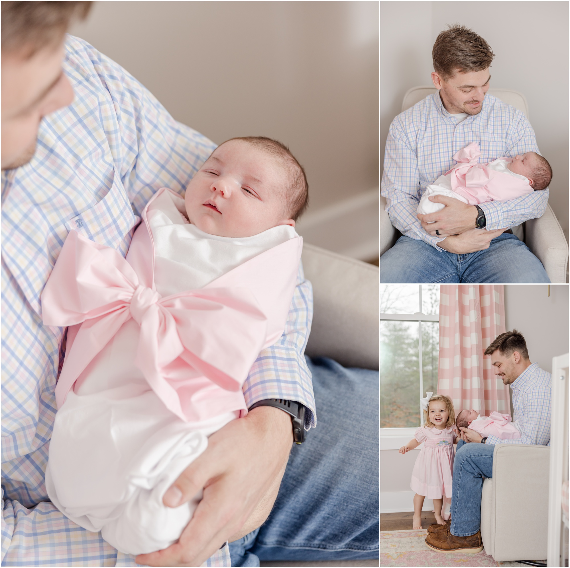 A father holds his newborn daughter for newborn photos in Greenville SC