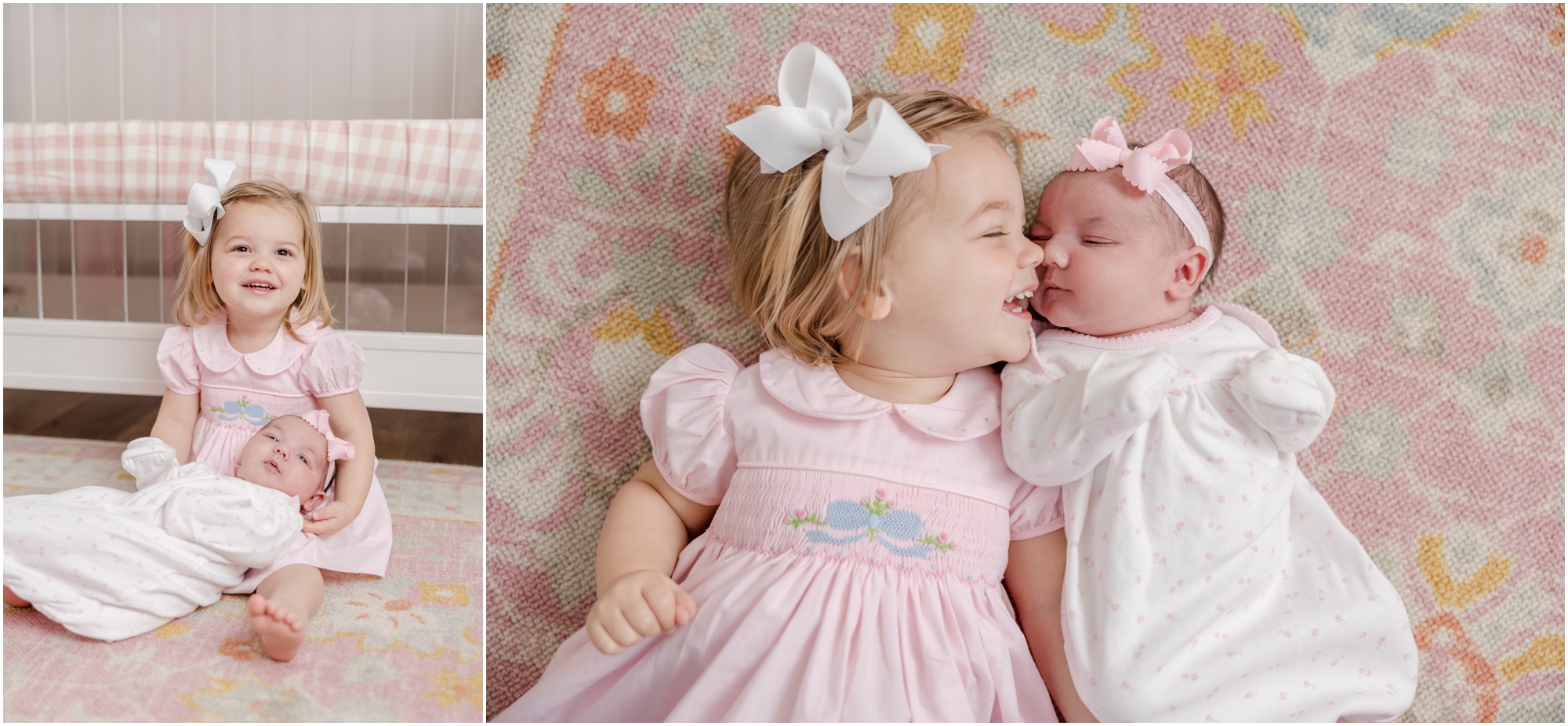 Portraits of a toddler girl holding her newborn sister and giving her eskimo kisses in newborn photos in Greenville SC