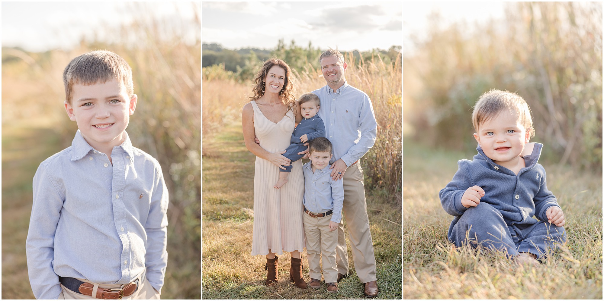 Family portrait of parents with their two young sons in a field during a Greenville area fall mini session.