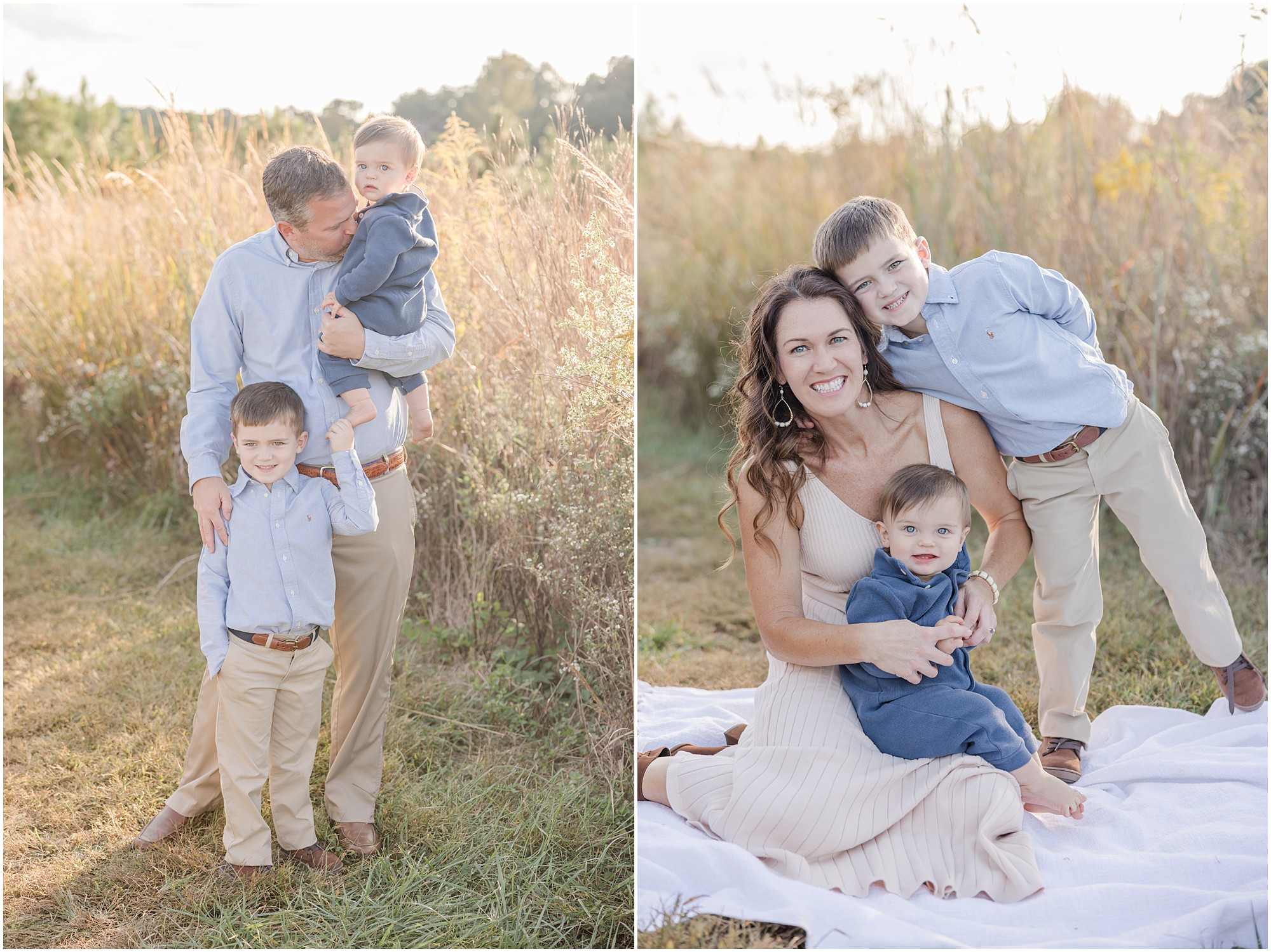 Two images, one of a father posing with his two sons and another of the mother doing the same.