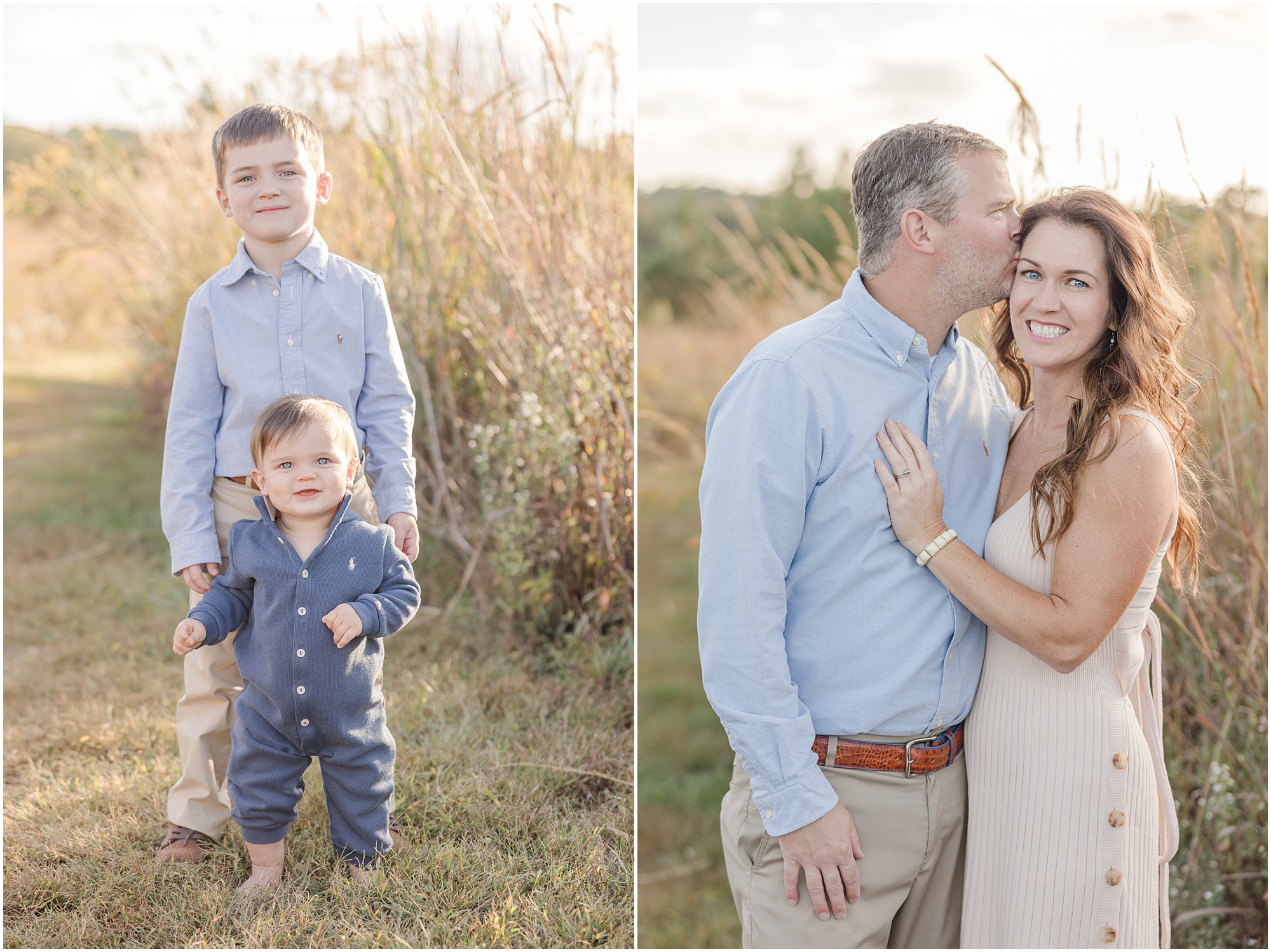 Two young brothers stand in a field smiling for a photo and a husband kissing his wife's temple as she smiles during a Greenville fall mini session.